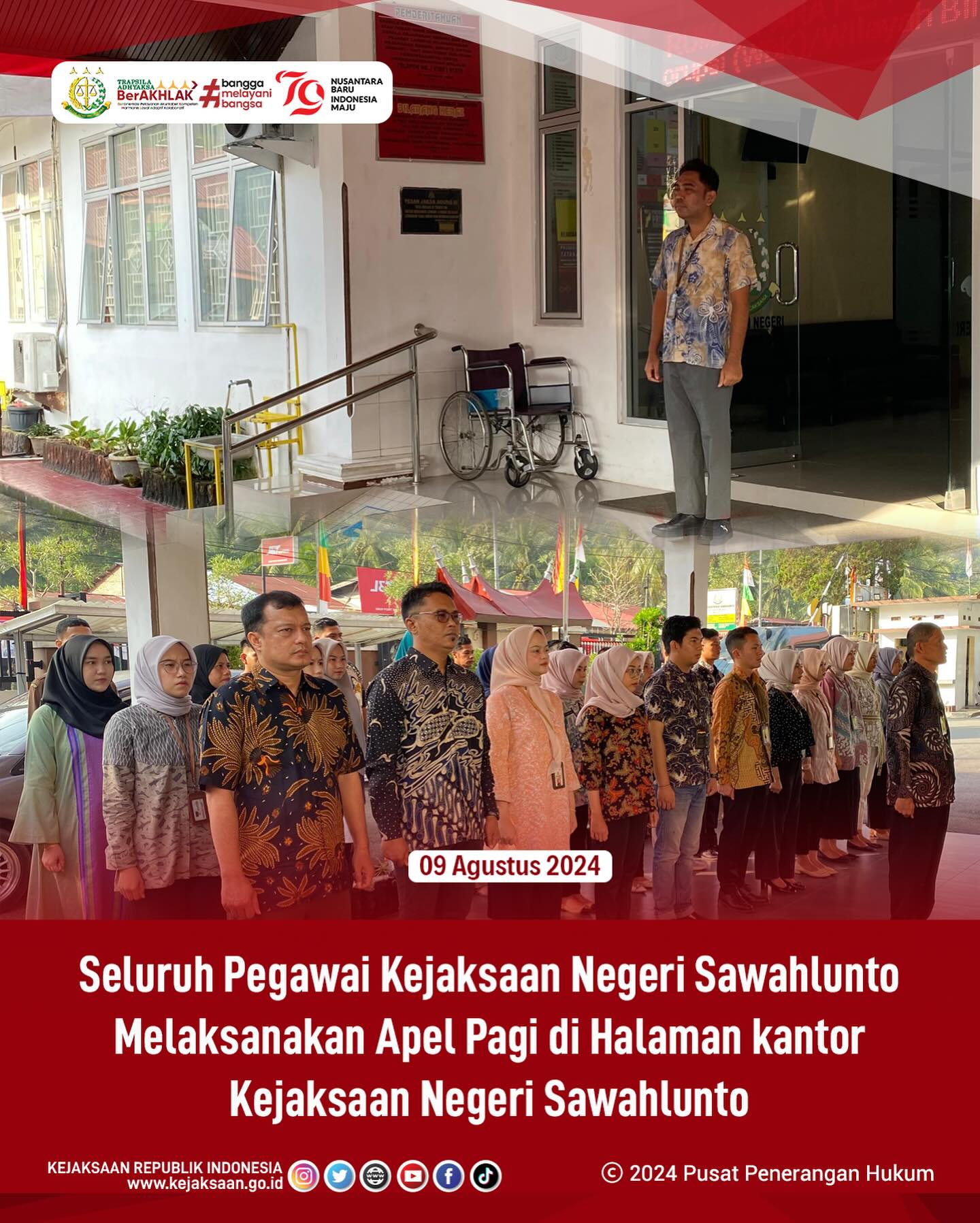 Bahwa pada hari Jumat, 09 Agustus 2024, bertempat di Kantor Kejaksaan Negeri Sawahlunto, Seluruh Pegawai Kejaksaan Negeri Sawahlunto Melaksanakan Apel Pagi. - from Instagram