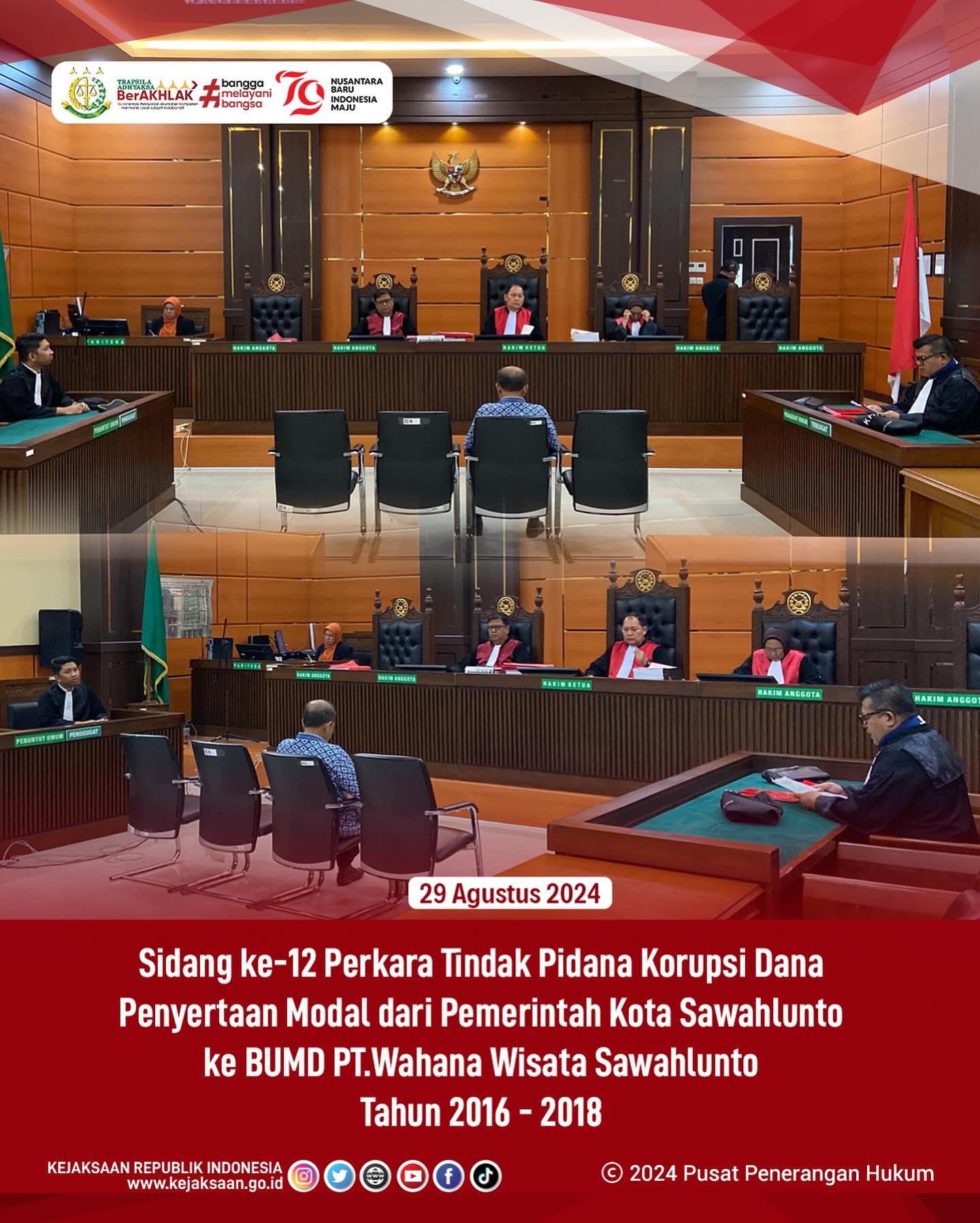Bahwa pada hari Kamis, 29 Agustus 2024, bertempat di Kantor Pengadilan Kelas IA Padang, dilaksanakan Sidang ke-12 Perkara Tindak Pidana Korupsi Dana Penyertaan Modal dari Pemerintah Kota Sawahlunto ke BUMD PT.Wahana Wisata Sawahlunto Tahun 2016 - 2018 dengan agenda sidang yaitu Pembacaan Nota Pembelaan dari Terdakwah. - from Instagram