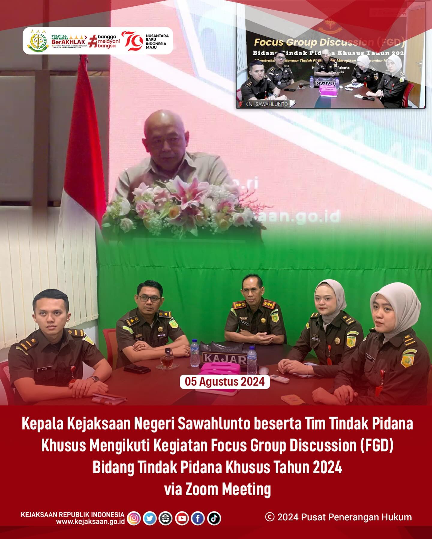 Bahwa pada hari Senin, 05 Agustus 2024, bertempat di Ruang Vicon Kantor Kejaksaan Negeri Sawahlunto, Kepala Kejaksaan Negeri Sawahlunto beserta Tim Tindak Pidana Khusus Mengikuti Kegiatan Focus Group Discussion (FGD) Bidang Tindak Pidana Khusus Tahun 2024 dengan tema “konstruksi Pemidanaan Tindak Pidana Yang Merugikan Perekonomian Negara” via Zoom Meeting. - from Instagram