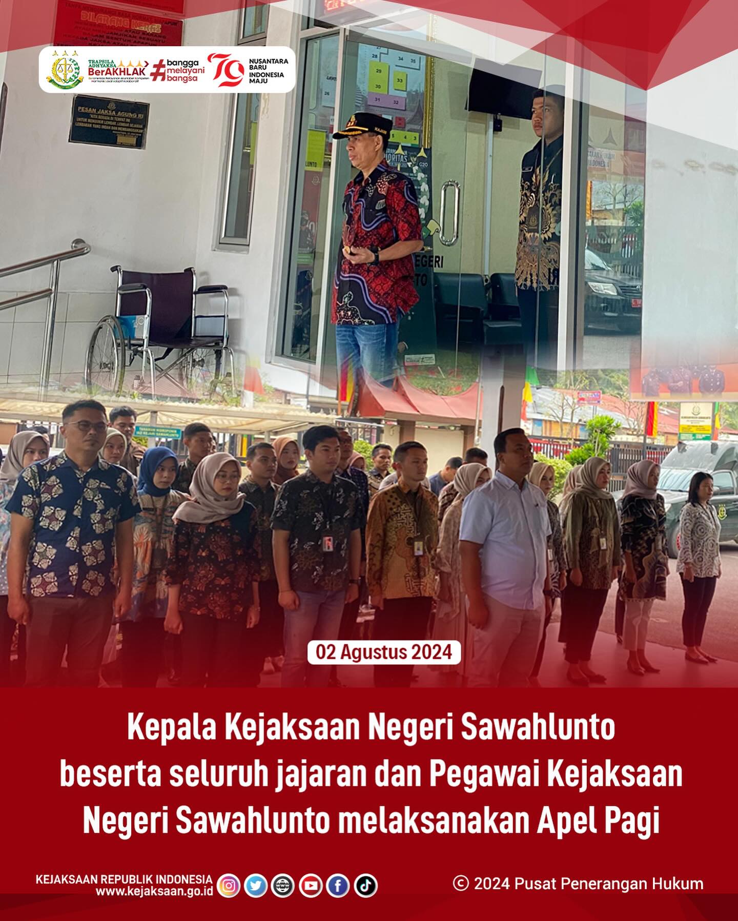 Bahwa pada hari Jumat, 02 Agustus 2024, bertempat di Kantor Kejaksaan Negeri Sawahlunto, Kepala Kejaksaan Negeri Sawahlunto beserta Seluruh jajaran dan Pegawai Kejaksaan Negeri Sawahlunto melaksanakan Apel Pagi. - from Instagram