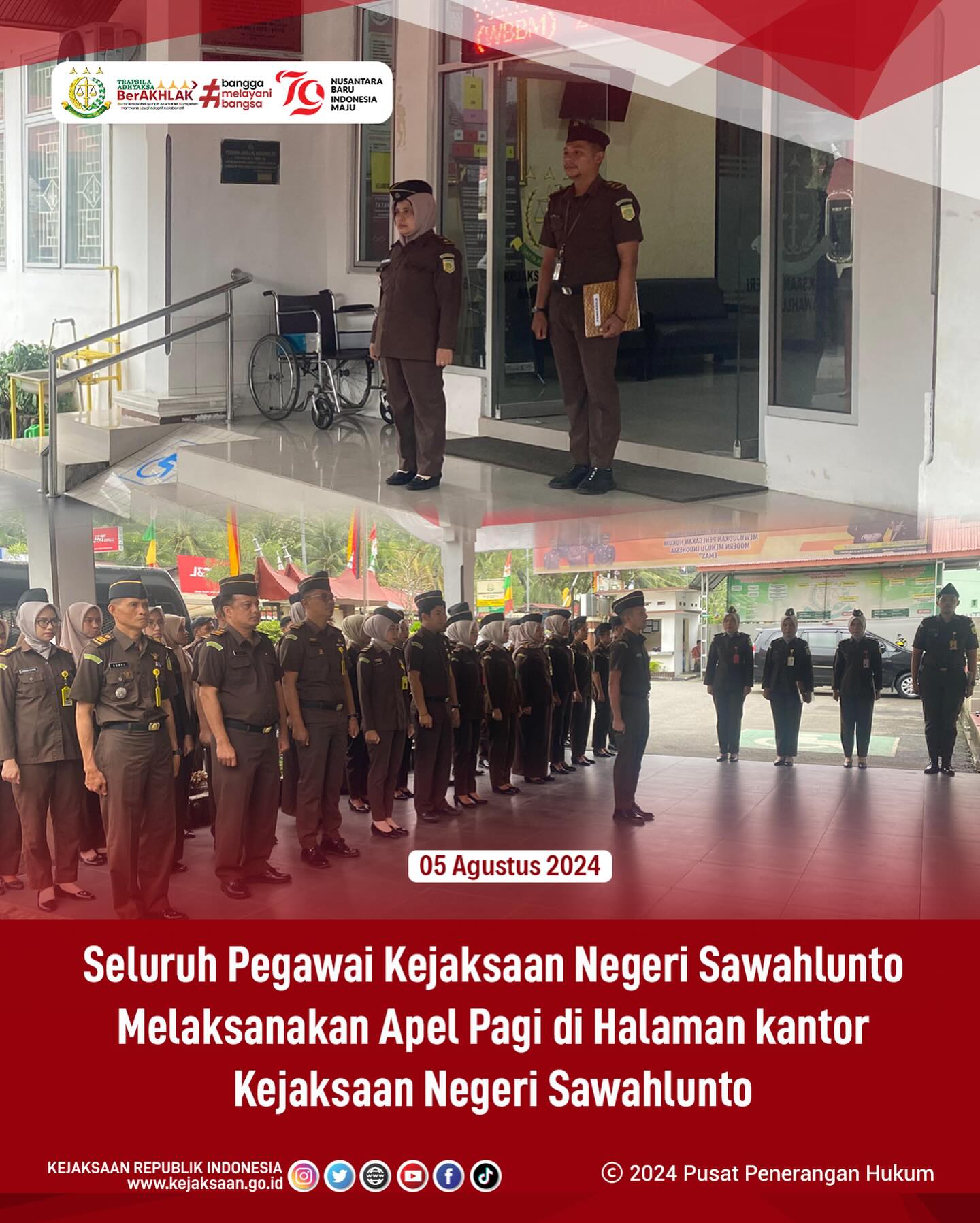 Bahwa pada hari Senin, 05 Agustus 2024, bertempat di Kantor Kejaksaan Negeri Sawahlunto, Seluruh Pegawai Kejaksaan Negeri Sawahlunto Melaksanakan Apel Pagi. - from Instagram