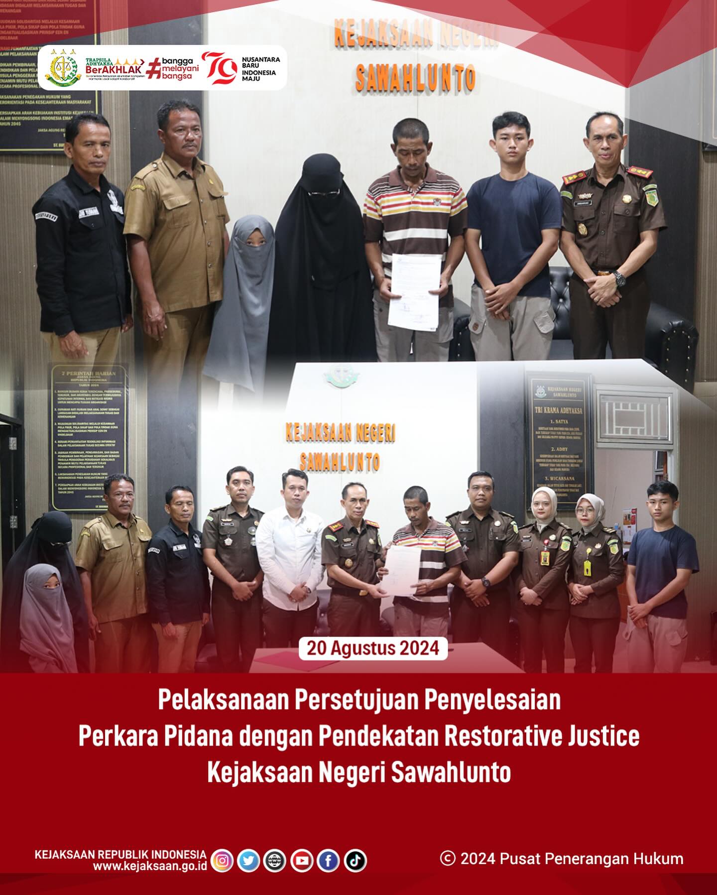 Bahwa pada hari Selasa, 20 Agustus 2024, bertempat di Kantor Kejaksaan Negeri Sawahlunto, Kejaksaan Negeri Sawahlunto Melaksanakan Penyelesaian Perkara Pidana dengan Pendekatan Restorative Justice di wilayah hukum Kejaksaan Negeri Sawahlunto. - from Instagram