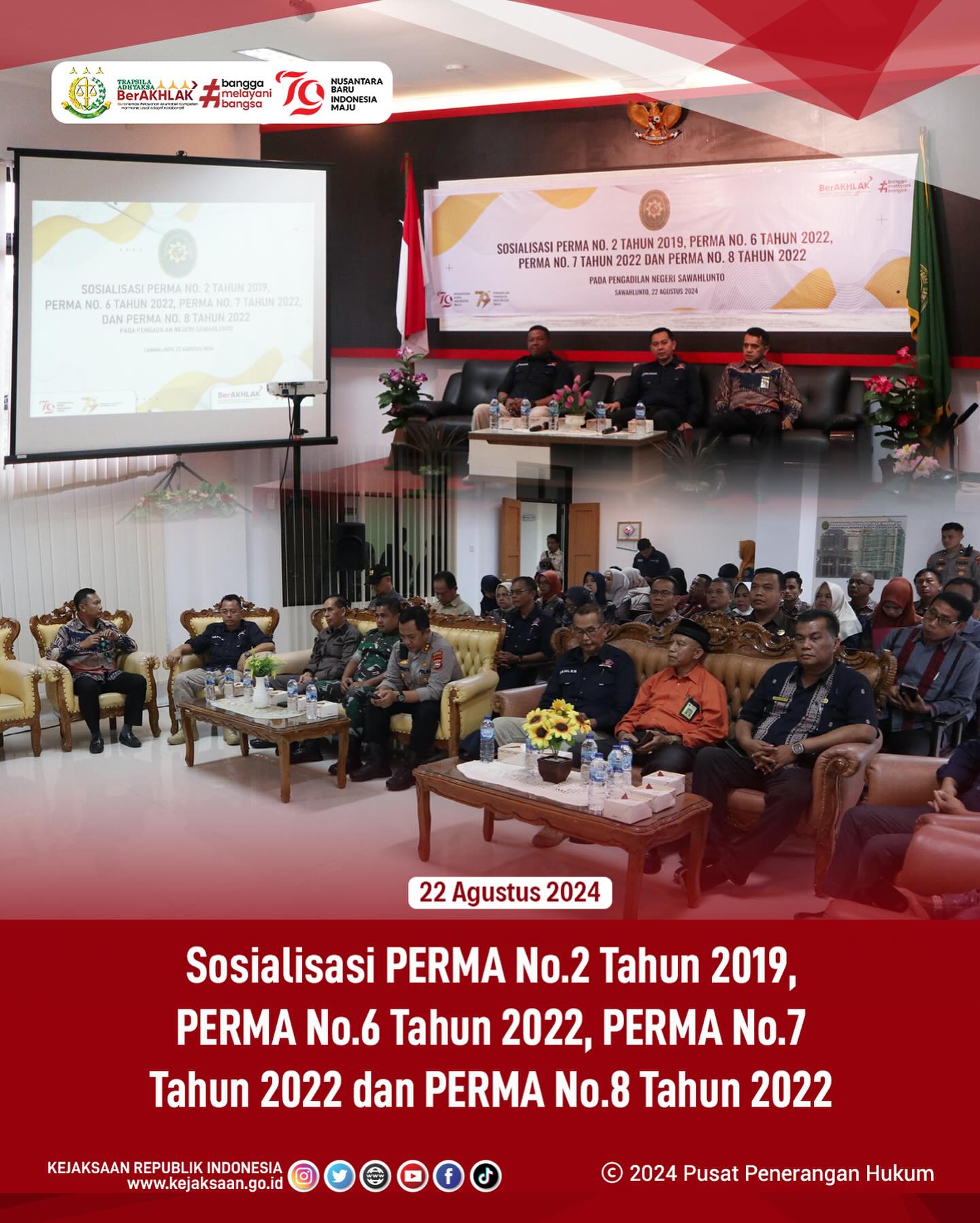 Bahwa pada hari Kamis, 22 Agustus 2024, bertempat di Aula Kantor Pengadilan Negeri Kota Sawahlunto, Kepala Kejaksaan Negeri Sawahlunto mengikuti kegitan Sosialisasi PERMA No.2 Tahun 2019, PERMA No.6 Tahun 2022, PERMA No.7 Tahun 2022 dan PERMA No.8 Tahun 2022 - from Instagram