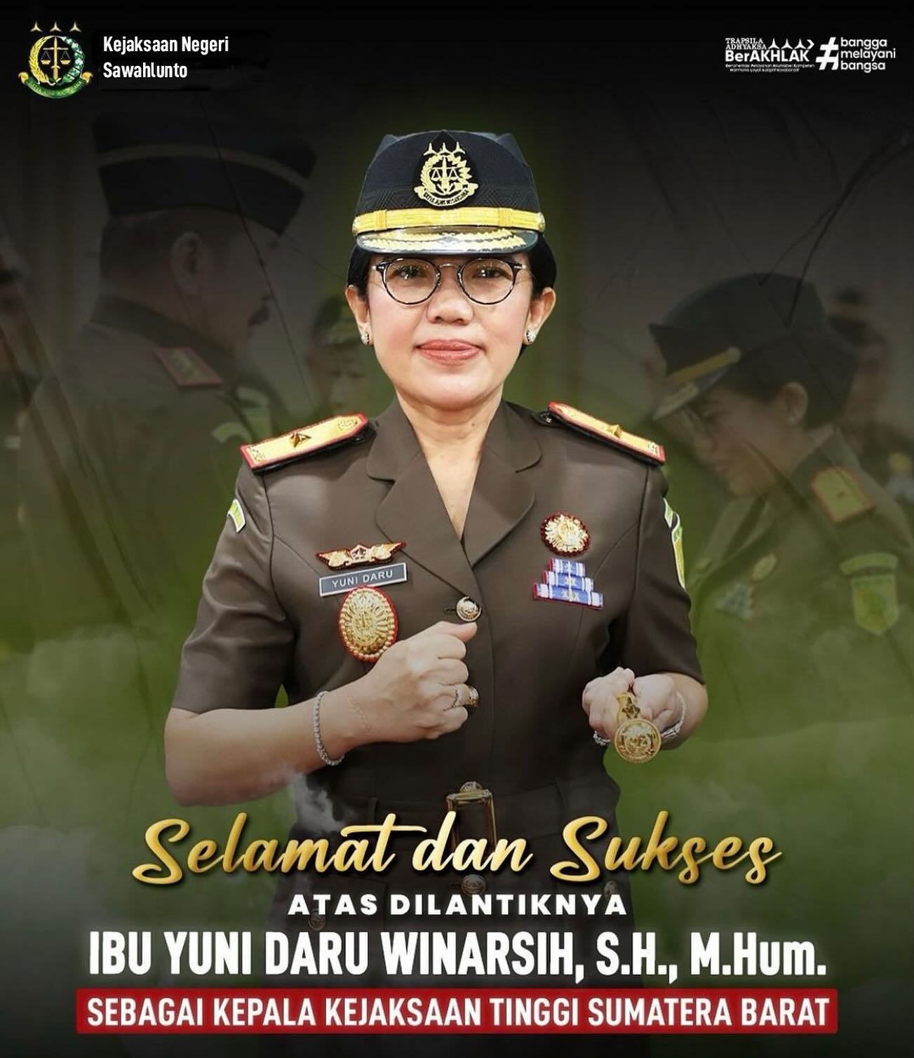 Kepala Kejaksaan Negeri Sawahlunto Andarias D’Orney,S.H.,M.H beserta jajaran mengucapkan selamat dan sukses antas dilantiknya ibu Yuni Daru Winarsih,S.H.,M.Hum sebagai Kepala Kejaksaan Tinggi Sumatera Barat. - from Instagram