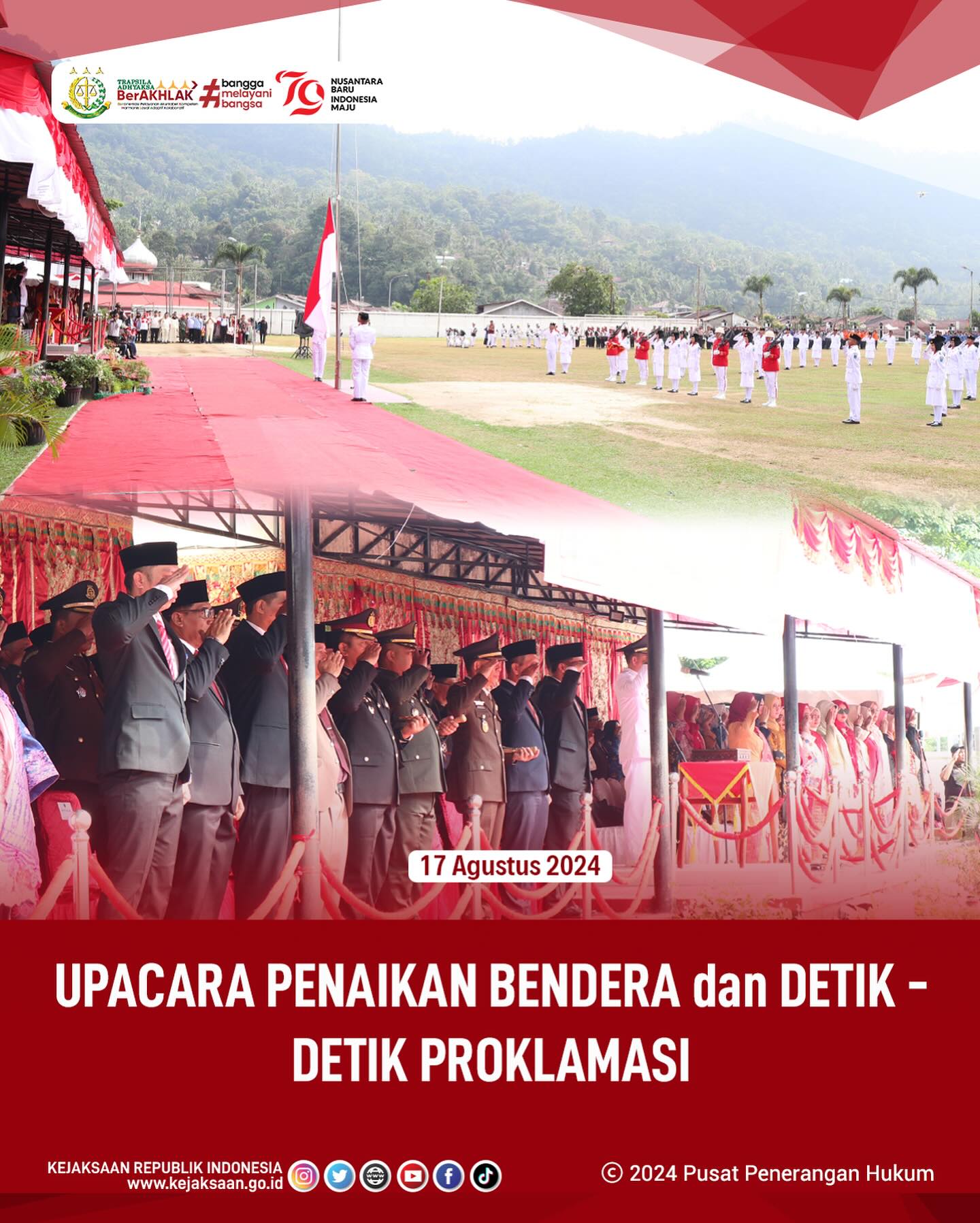 Bahwa pada hari Sabtu, 17 Agustus 2024, Kepala Kejaksaan Negeri Sawahlunto, Para Kasi, Kasubag dan Jaksa Kejaksaan Negeri Sawahkunto mengikuti Upacara Penaikan Bendera dan Detik - Detik Proklamasi di Lapangan Ombilin Sawahlunto. - from Instagram