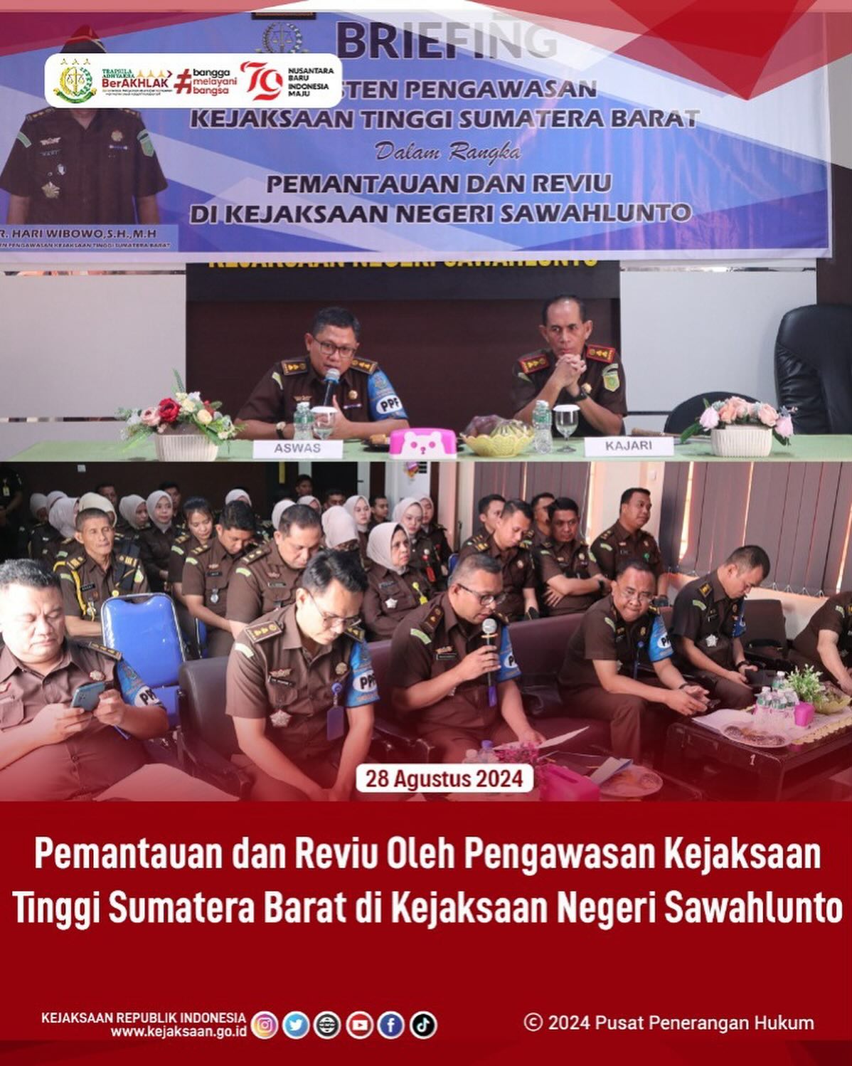Bahwa pada hari Rabu, 28 Agustus 2024, bertempat di Kantor Kejaksaan Negeri Sawahlunto telah dilaksanakan Pemantauan dan Reviu Oleh Pengawasan Kejaksaan Tinggi Sumatera Barat di lingkungan kerja Kejaksaan Negeri Sawahlunto. - from Instagram