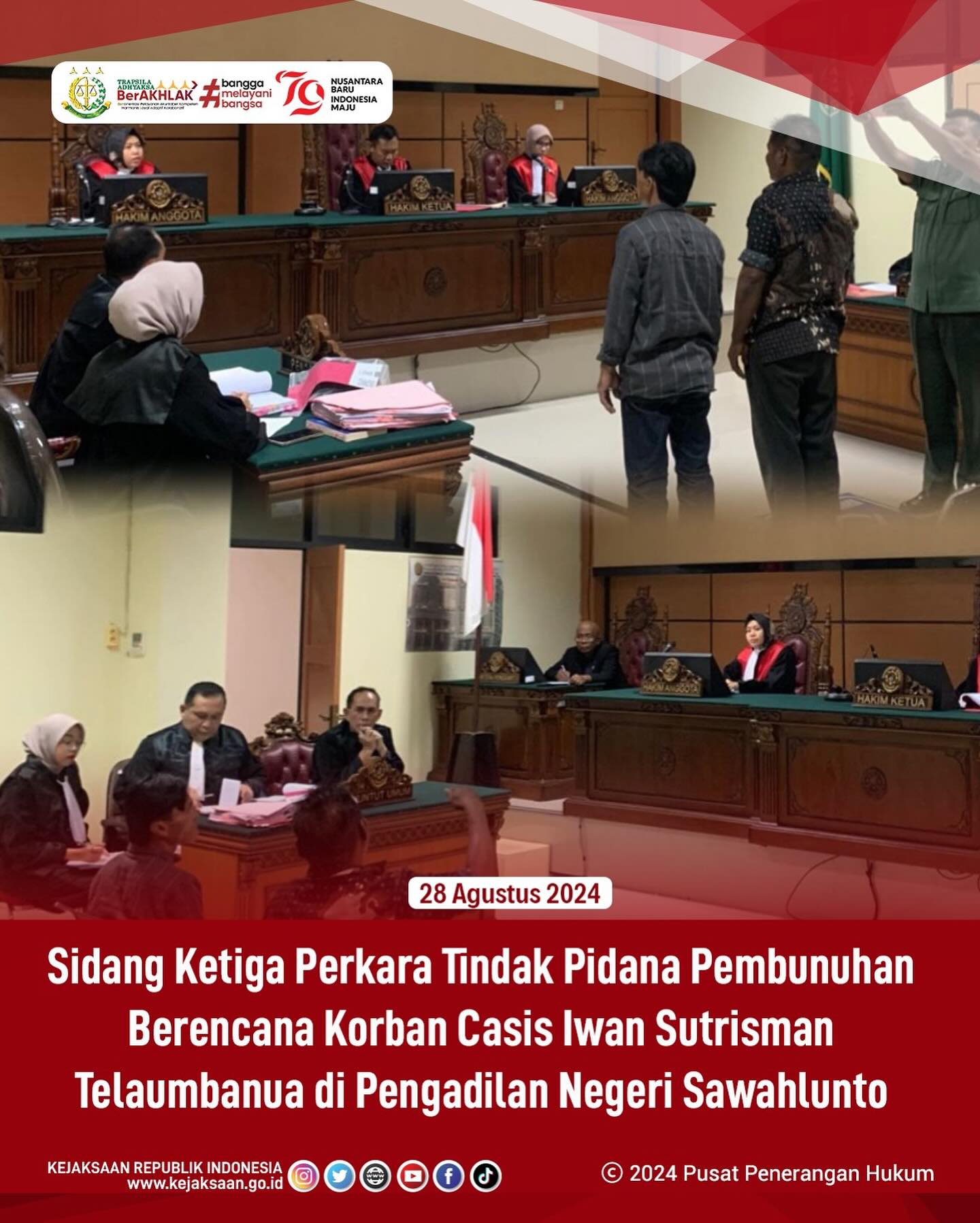 Bahwa pada hari Rabu, 28 Agustus 2024, bertempat di Pengadilan Negeri Sawahlunto, telah  dilaksanakan sidang ketiga dengan agenda pemeriksaan saksi - saksi terhadap Perkara Tindak Pidana Pembunuhan Berencana Korban Casis Iwan Sutrisman Taleambanua.Sidang pemeriksaan saksi tersebut dilakukan langsung oleh Kepala Kejaksaan Negeri Sawahlunto Andarias D’Orney,S.H.,M.H., Kasi PB3R Jovan Kurata Waruwu,S.H.,M.H., dan Jaksa Laras Iga Mawarni,S.H. - from Instagram