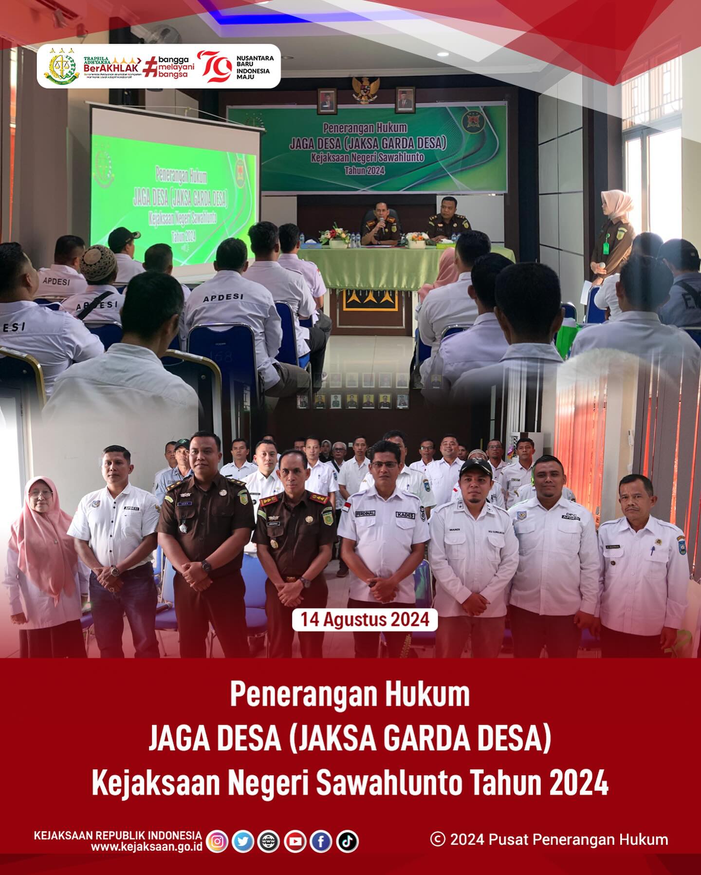 Bahwa pada hari Rabu, 14 Agustus 2024, bertempat di Aula Kantor Kejaksaan Negeri Sawahlunto, Kepala Kejaksaan Negeri Sawahlunto, Andarias D’orney, S.H,M.H, dan Kasi Intelijen Kejaksaan Negeri Sawahlunto, Dede Mauladi, S.H, melaksanakan kegiatan Penerangan Hukum JAGA DESA (JAKSA GARDA DESA) Kejaksaan Negeri Sawahlunto Tahun 2024 yang di hadiri seluruh kepala desa yang ada di Kota Sawahlunto. - from Instagram