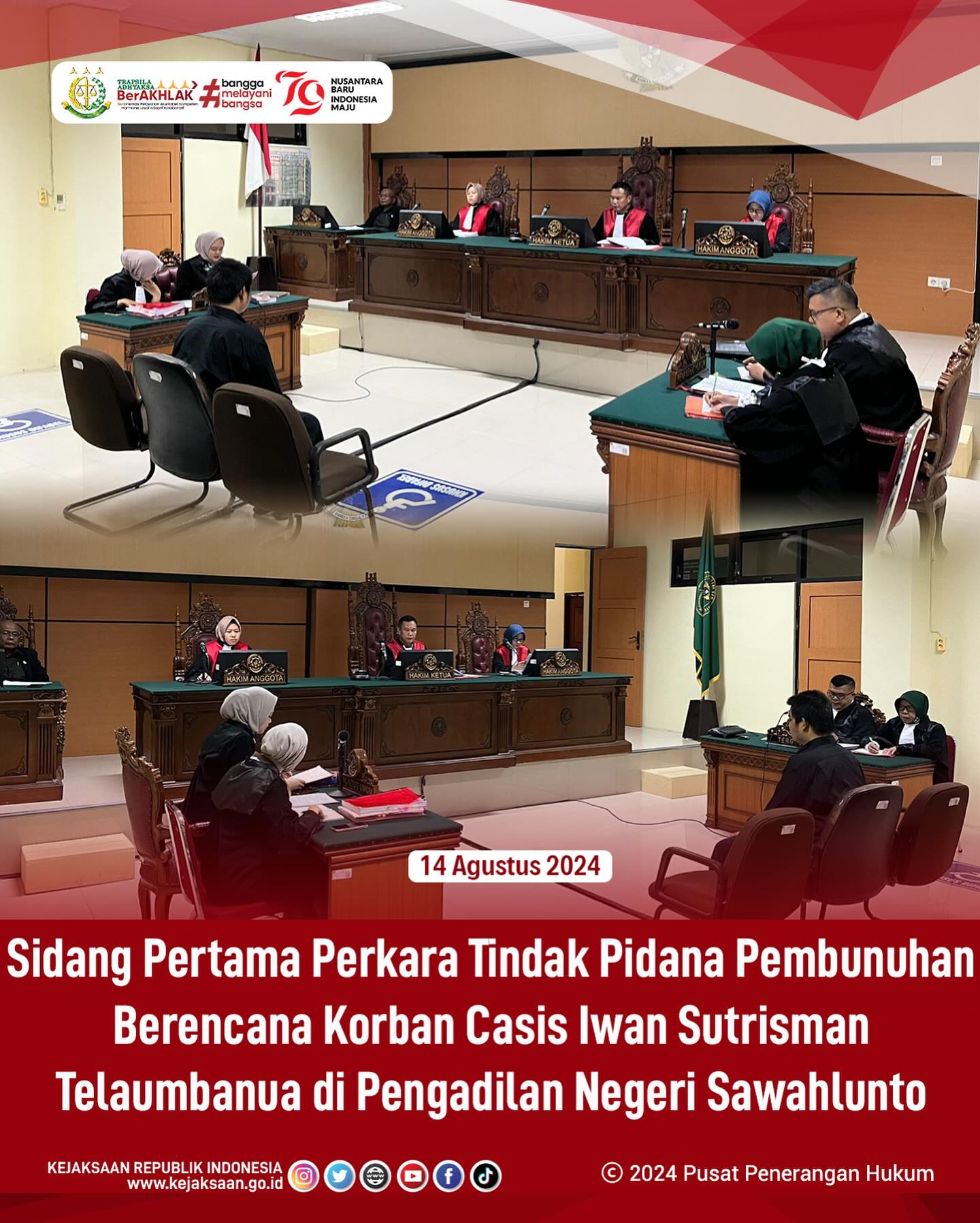Bahwa pada hari Rabu, 14 Agustus 2024, bertempat di Pengadilan Negeri Sawahlunto, dilaksanakan Sidang Pertama Tindak Pidana Pembunuhan Berencana Korban Casis Iwan Sutrisman Telaumbanua dengan agenda sidang pembacaan Dakwaan. - from Instagram