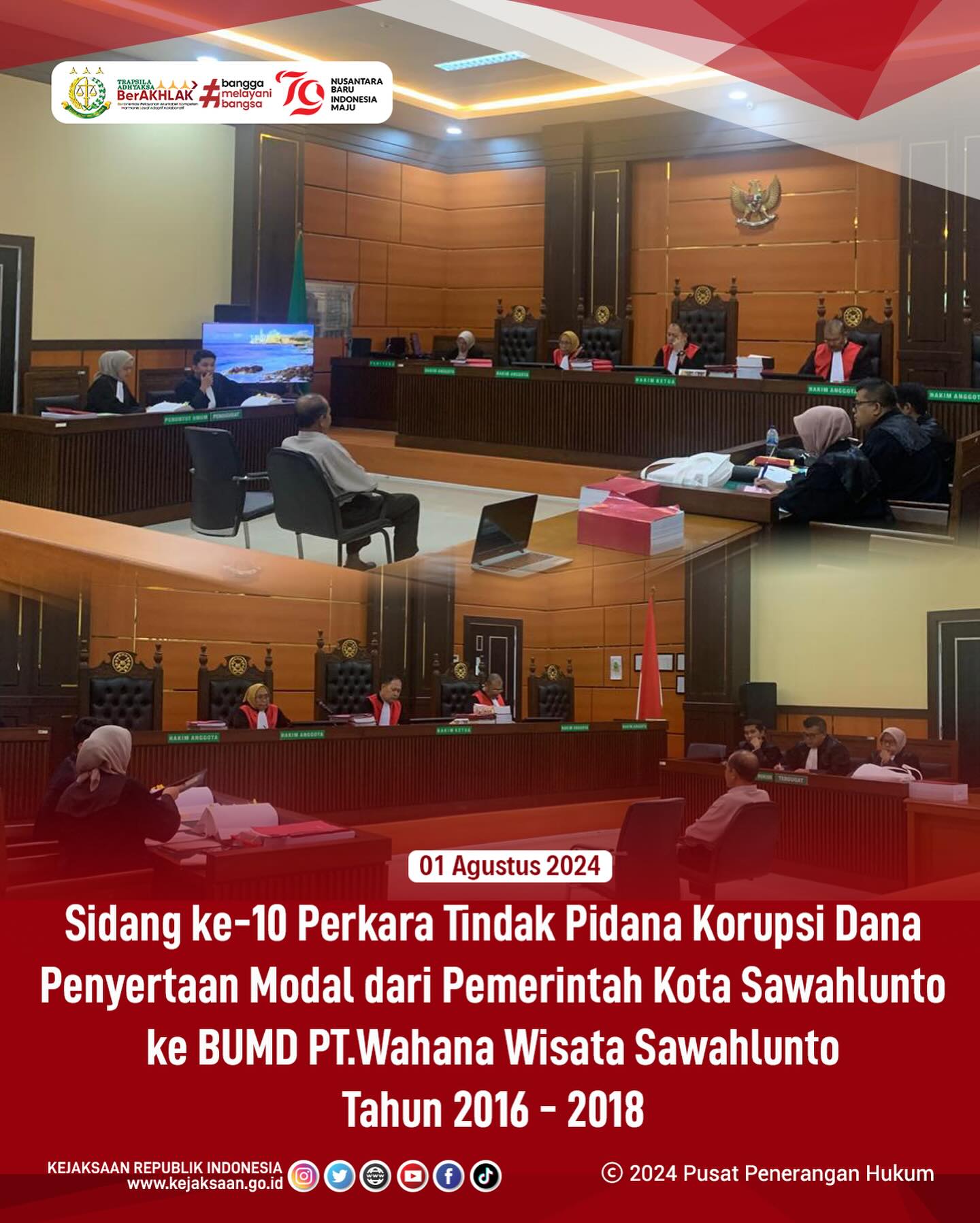 Bahwa pada hari Kamis, 01 Agustus 2024, bertempat di Kantor Pengadilan Kelas IA Padang, dilaksanakan Sidang ke-10 Perkara Tindak Pidana Korupsi Dana Penyertaan Modal dari Pemerintah Kota Sawahlunto ke BUMD PT.Wahana Wisata Sawahlunto Tahun 2016 - 2018 dengan agenda sidang yaitu pemeriksaan Terdakwah. - from Instagram