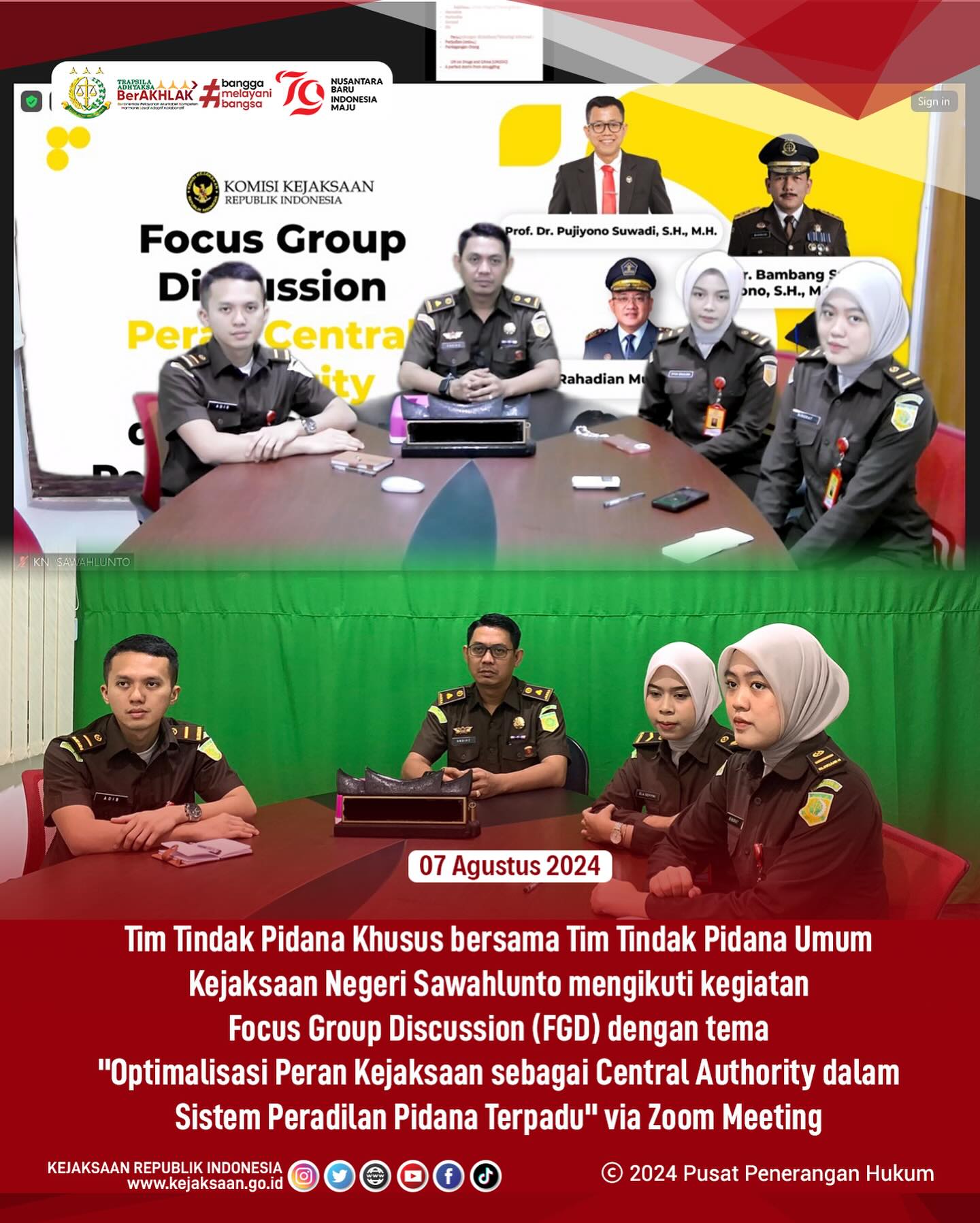 Bahwa pada hari Rabu, 07 Agustus 2024, bertempat di Ruang Vicon Kantor Kejaksaan Negeri Sawahlunto, Kasi Tindak Pidana Khusus, Andiko,S.H beserta Tim Tindak Pidana Khusus dan Tindak Pindana Umum Mengikuti Kegiatan Focus Group Discussion (FGD) Bidang Tindak Pidana Khusus Tahun 2024 dengan tema “Optimalisasi Peran Kejaksaan sebagai Central Authority dalam Sistem Peradilan Pidana Terpadu” via Zoom Meeting - from Instagram