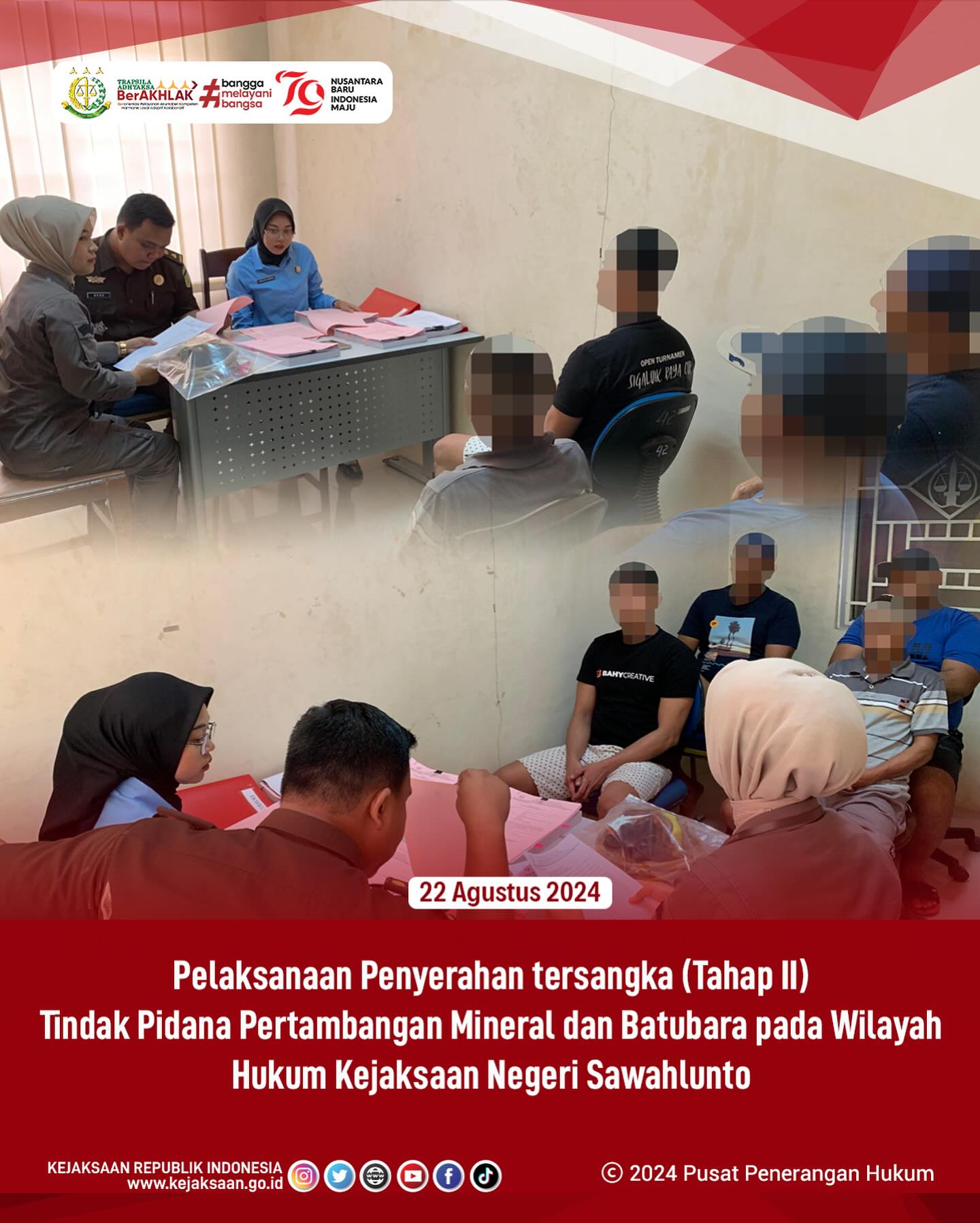 Bahwa pada hari Kamis, 22 Agustus 2024, bertempat di Ruang Pemeriksaan Seksi Tindak Pidana Umum Kejaksaan Negeri Sawahlunto telah dilaksanakan Pelaksanaan Penyerahan Tersangka (Tahap II) Tindak Pidana Pertambangan Mineral dan Batubara dari Penyidik Polres Sawahlunto - from Instagram