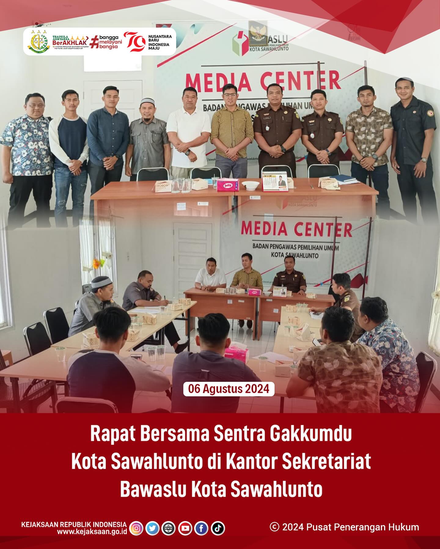 Bahwa pada hari Selasa, 06 Agustus 2024 bertempat di Kantor Sekretariat Bawaslu Kota Sawahlunto, Kasi intelijen, Dede Mauladi, S.H, dan Kasubsi A Kejaksaan Negeri Sawahlunto, Arief Hidayat.S.H mengikuti Rapat Bersama Sentra Gakkumdu Kota Sawahlunto. - from Instagram