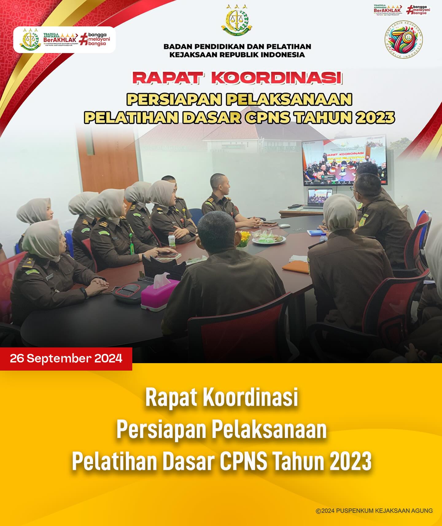 Bahwa pada hari Kamis, 26 September 2024, bertempat di Ruang Video Conference Kejaksaan Negeri Sawahlunto, Kepala Subbagian Pembinaan, Elnita,S.H. dan Kepala Urusan Tata Usaha Kepegawaian Keuangan dan Penerimaan Negara Bukan Pajak, Suardi Yulanda,S.H., beserta CPNS Kejaksaan Negeri Sawahlunto Tahun 2023 mengikuti kegiatan Rapat Koordinasi Persiapan Pelaksanaan Pelatihan Dasar CPNS Tahun 2023. - from Instagram