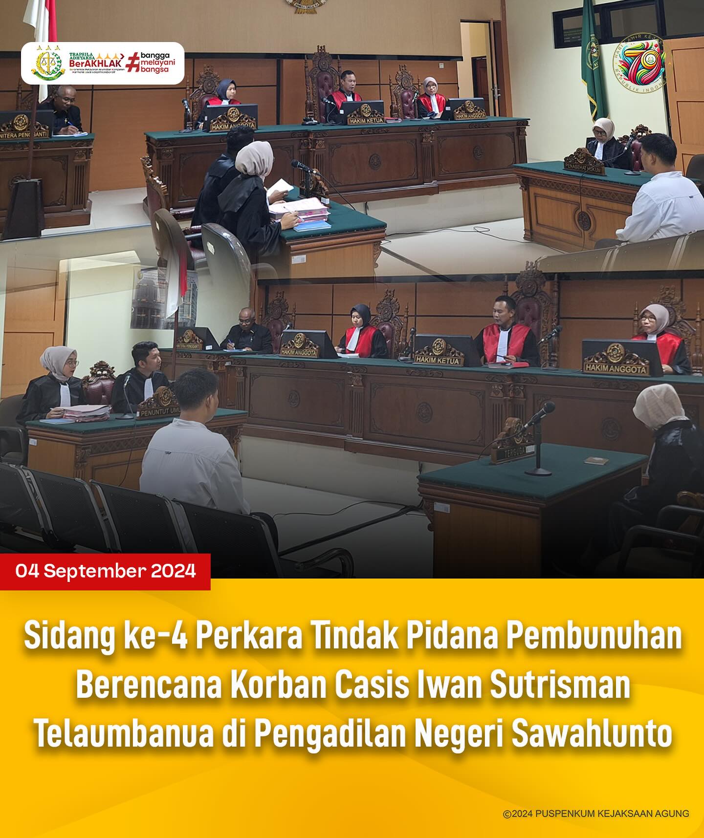 Bahwa pada hari Rabu, 04 September 2024, bertempat di Pengadilan Negeri Sawahlunto, telah  dilaksanakan sidang keempat dengan agenda pemeriksaan saksi - saksi terhadap Perkara Tindak Pidana Pembunuhan Berencana Korban Casis Iwan Sutrisman Taleambanua - from Instagram