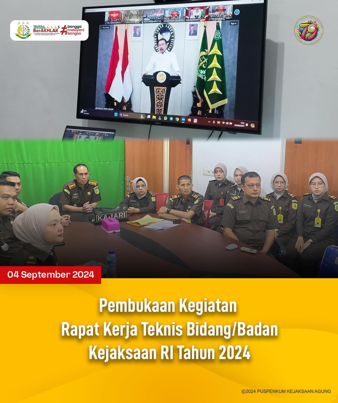 Bahwa pada hari Rabu, 09 September 2024, Kepala Kejaksaan Negeri Sawahlunto Beserta jajaran mengikuti Pembukaan Rakernis Bidang/Badan Kejaksaan RI Tahun 2024. - from Instagram