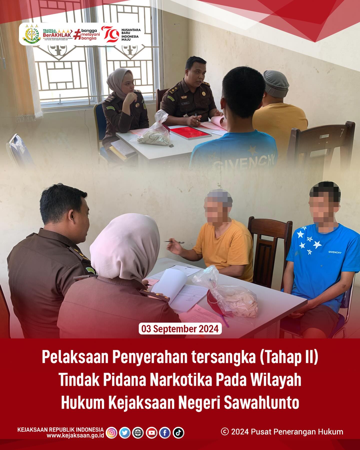 Bahwa pada hari Selasa, 03 September 2024, bertempat di Ruang Pemeriksaan Seksi Tindak Pidana Umum Kejaksaan Negeri Sawahlunto telah dilaksanakan Pelaksanaan Penyerahan Tersangka (Tahap II) Tindak Pidana Narkotika dari Penyidik Polres . - from Instagram