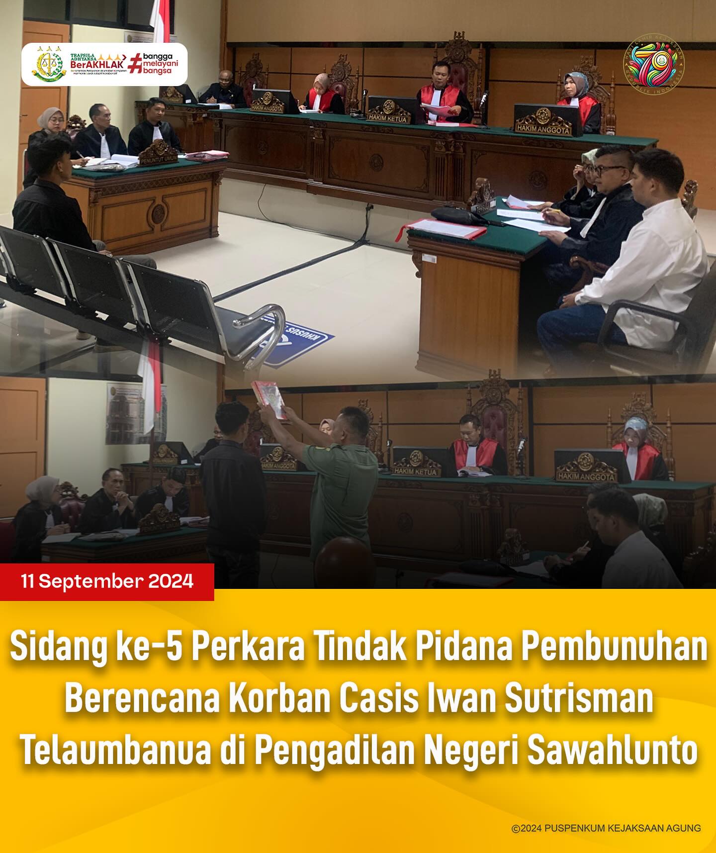 Bahwa pada hari Rabu, 11 September 2024, bertempat di Pengadilan Negeri Sawahlunto, telah  dilaksanakan sidang kelima dengan agenda pemeriksaan saksi - saksi terhadap Perkara Tindak Pidana Pembunuhan Berencana Korban Casis Iwan Sutrisman Taleambanua. - from Instagram