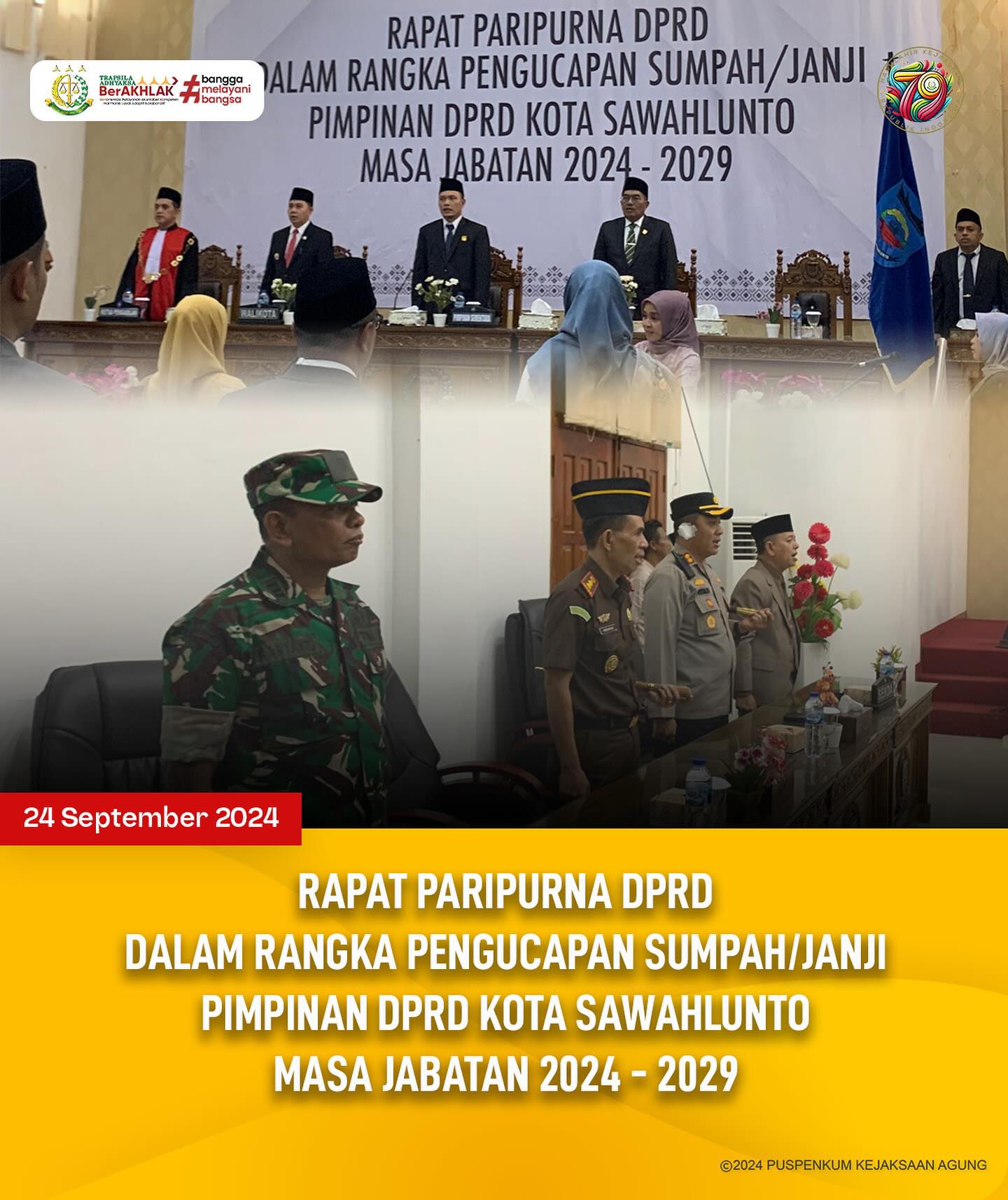 Bahwa pada hari Selasa, 24 September 2024, bertempat di Kantor DPRD Kota Sawahlunto, Kepala Kejaksaan Negeri Sawahlunto menghadiri Rapat Paripurna DPRD Dalam Rangka Pengucapan Sumpah/Janji Pimpinan DPRD Kota Sawahlunto Masa Jabatan 2024 - 2029. - from Instagram