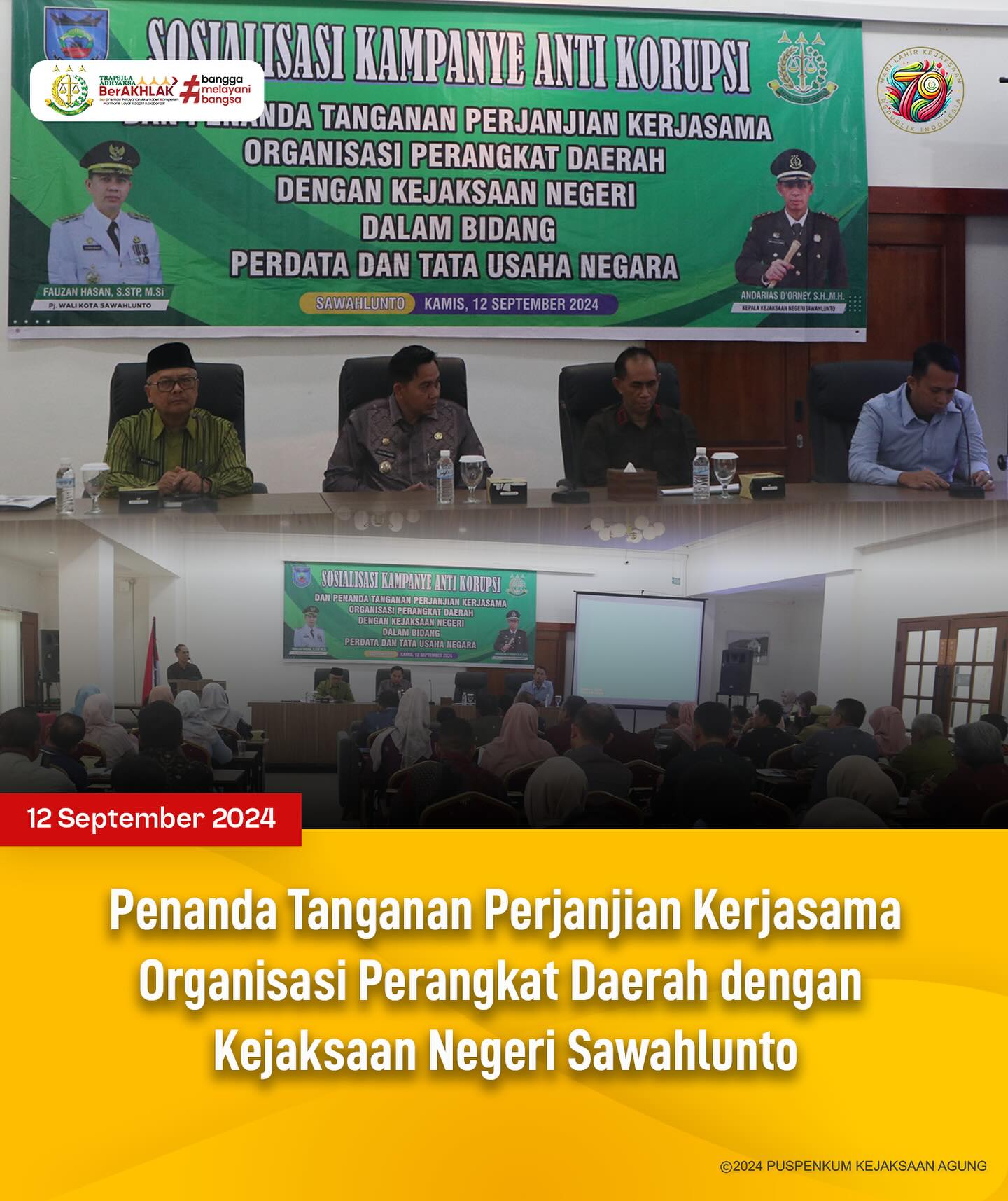 Bahwa pada hari Kamis, 12 September 2024, bertempat di Aula Hotel Khas Ombilin Kota Sawahlunto, Kepala Kejaksaan Negeri Sawahlunto mengikuti Penanda Tanganan Perjanjian Kerjasama Organisasi Perangkat Daerah dengan Kejaksaan Negeri Sawahlunto dalam Bidang Perdata dan Tata Usaha Negara. - from Instagram