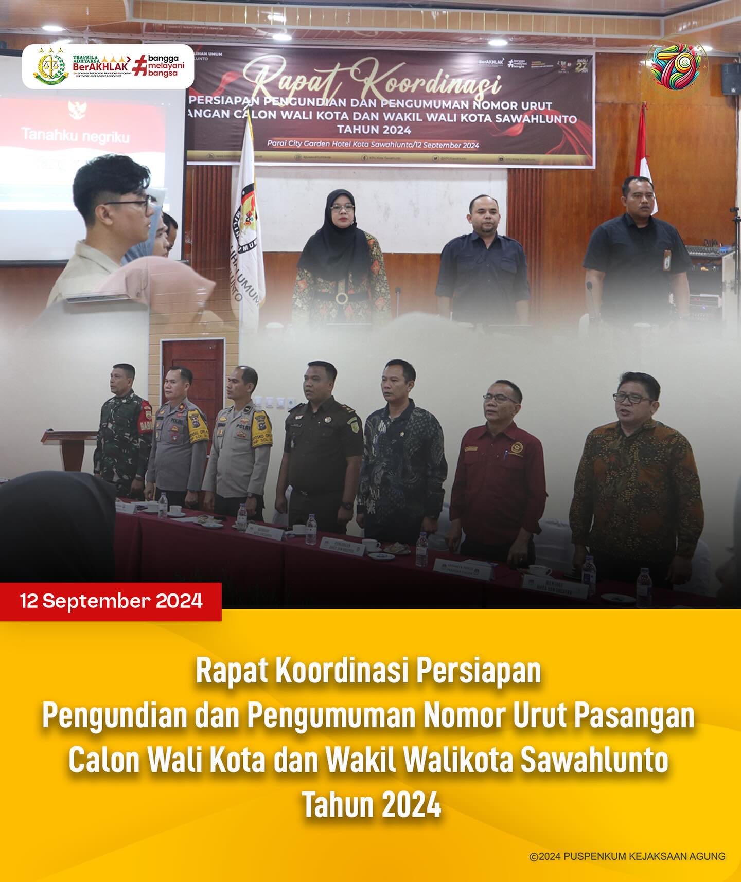 Bahwa pada hari Kamis, 12 September 2024, bertempat di Parai City Garden Hotel Kota Sawahlunto, Kasi Intelijen Kejaksaan Negeri Sawahlunto, Dede Mauladi,S.H., menghadiri kegiatan Rapat Koordinasi Persiapan Pengundian dan Pengumuman Nomor Urut Pasangan Calon Wali Kota dan Wakil Walikota Sawahlunto Tahun 2024. - from Instagram
