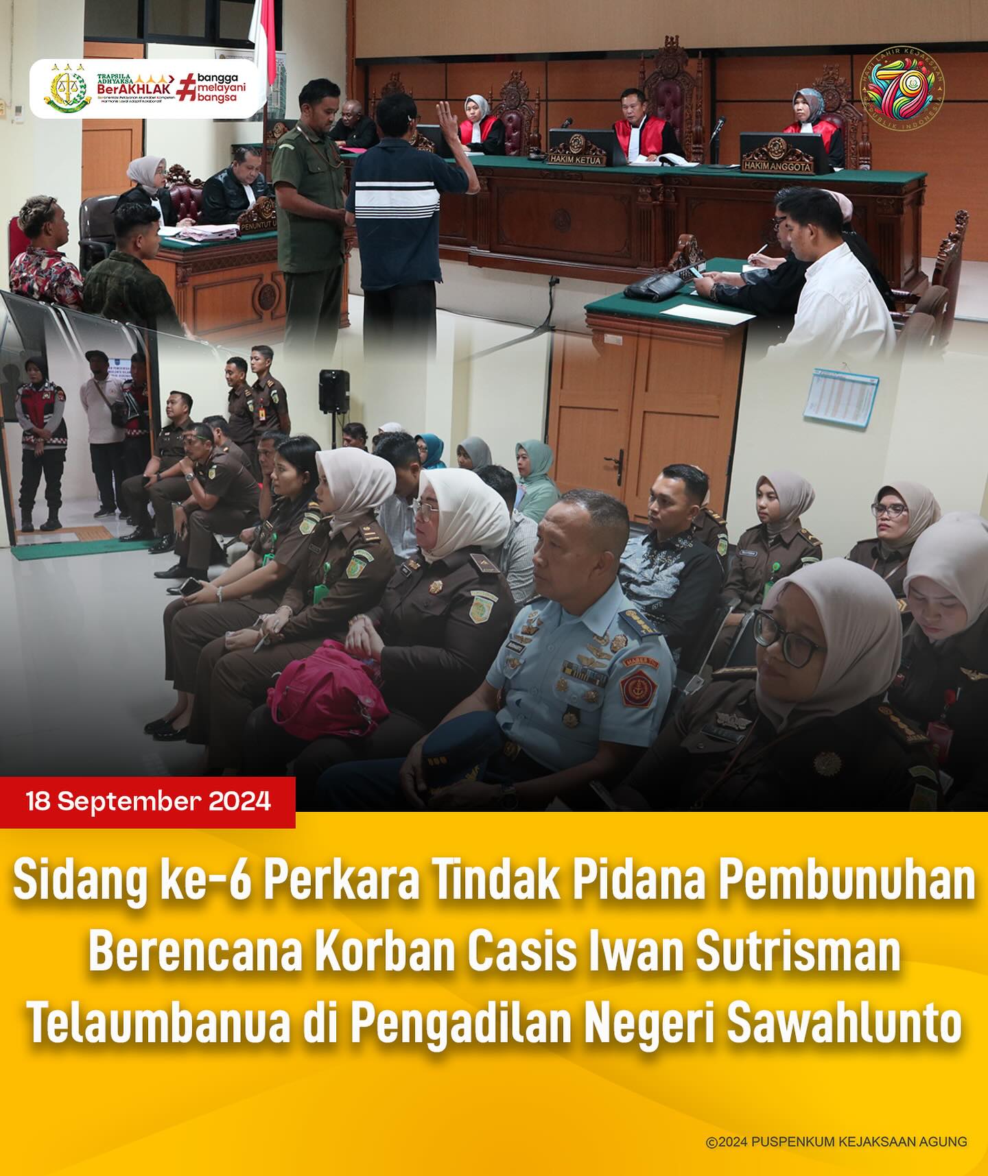 Bahwa pada hari Rabu, 18 September 2024, bertempat di Pengadilan Negeri Sawahlunto, telah dilaksanakan sidang keenam dengan agenda pemeriksaan saksi - saksi terhadap Perkara Tindak Pidana Pembunuhan Berencana Korban Casis Iwan Sutrisman Taleambanua dan dihadiri oleh Asisten Pidana Militer Kejati Sumatera Barat. - from Instagram