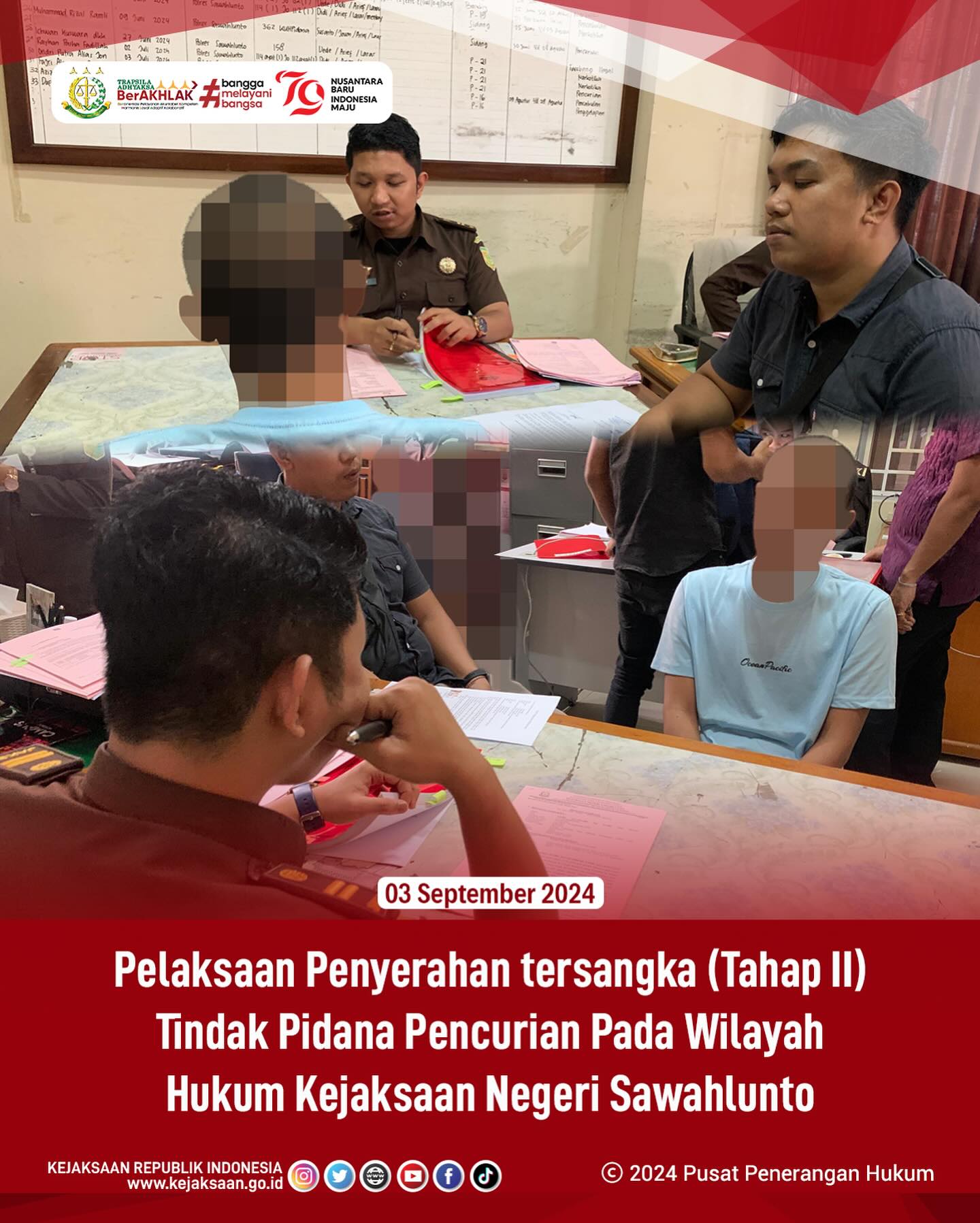 Bahwa pada hari Selasa, 03 September 2024, bertempat di Ruang Pemeriksaan Seksi Tindak Pidana Umum Kejaksaan Negeri Sawahlunto telah dilaksanakan Pelaksanaan Penyerahan Tersangka (Tahap II) Tindak Pidana Pencurian dari Penyidik Polres Sawahlunto. - from Instagram