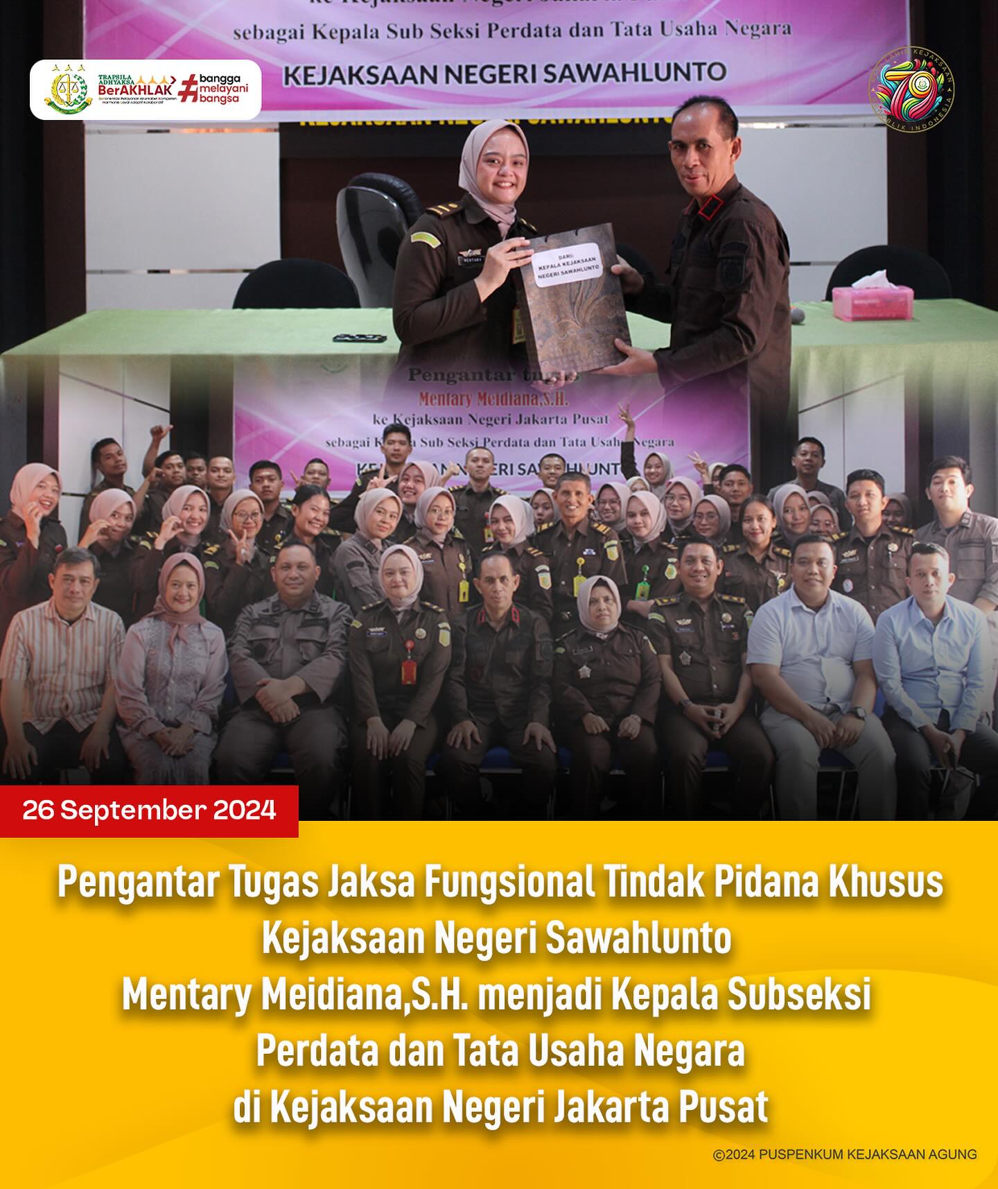 Bahwa pada hari Kamis, 26 September 2024, bertempat di Aula Kejaksaan Negeri Sawahlunto telah dilaksanakan Kegiatan Pengantar Tugas Jaksa Fungsional Tindak Pidana Khusus Kejaksaan Negeri Sawahlunto Mentary Meidiana,S.H. menjadi Kepala Subseksi Perdata dan Tata Usaha Negara di Kejaksaan Negeri Jakarta Pusat. - from Instagram