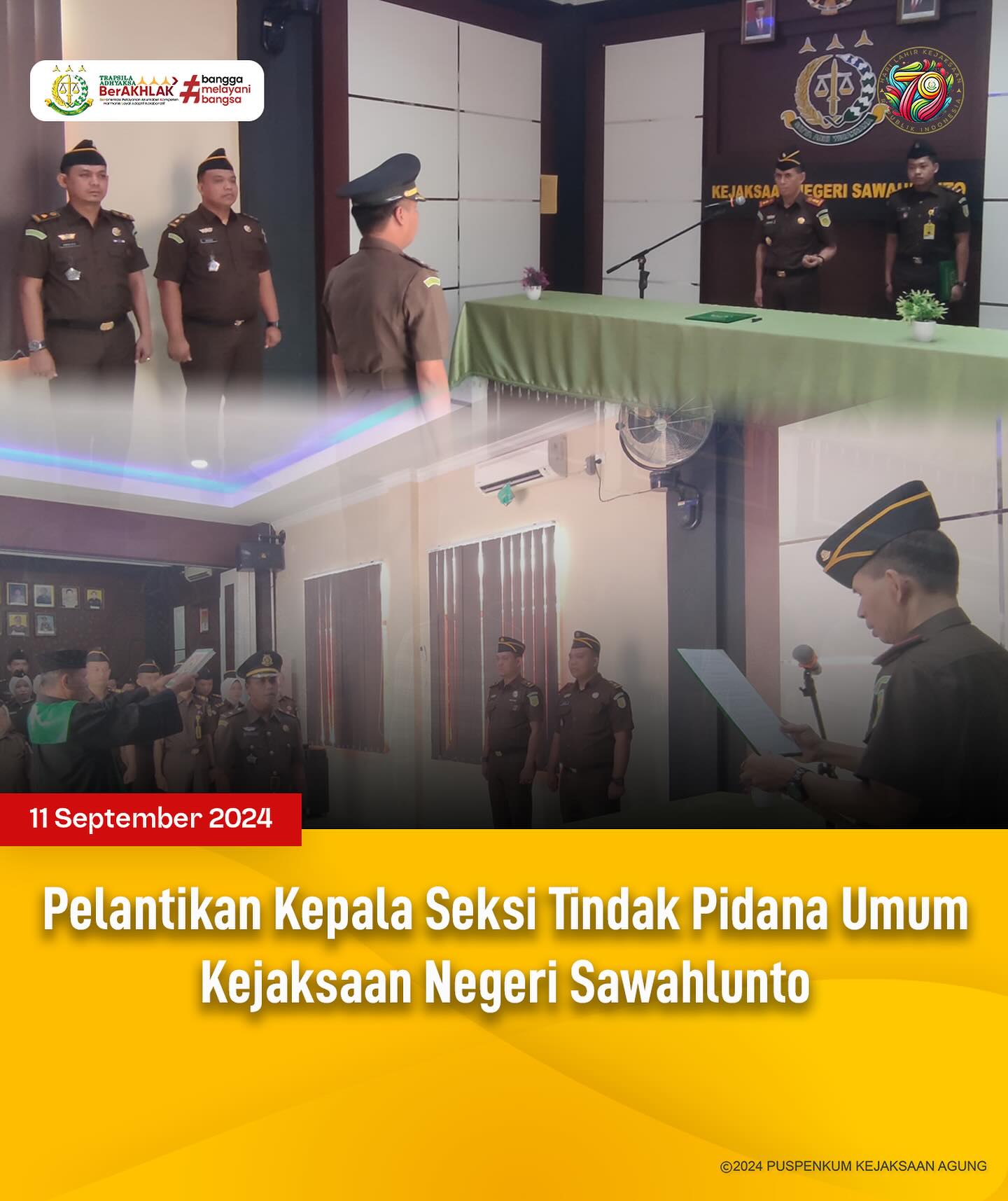 Bahwa pada hari Rabu, 11 September 2024, bertempat di Aula Kantor Kejaksaan Negeri Sawahlunto, telah dilaksanakan Pelantikan Kepala Seksi Tindak Pidana Umum Kejaksaan Negeri Sawahlunto dari Pejabat Lama Susanto Martua,S.H. ke Pejabat Baru Adhi Putra Graha,S.H. - from Instagram