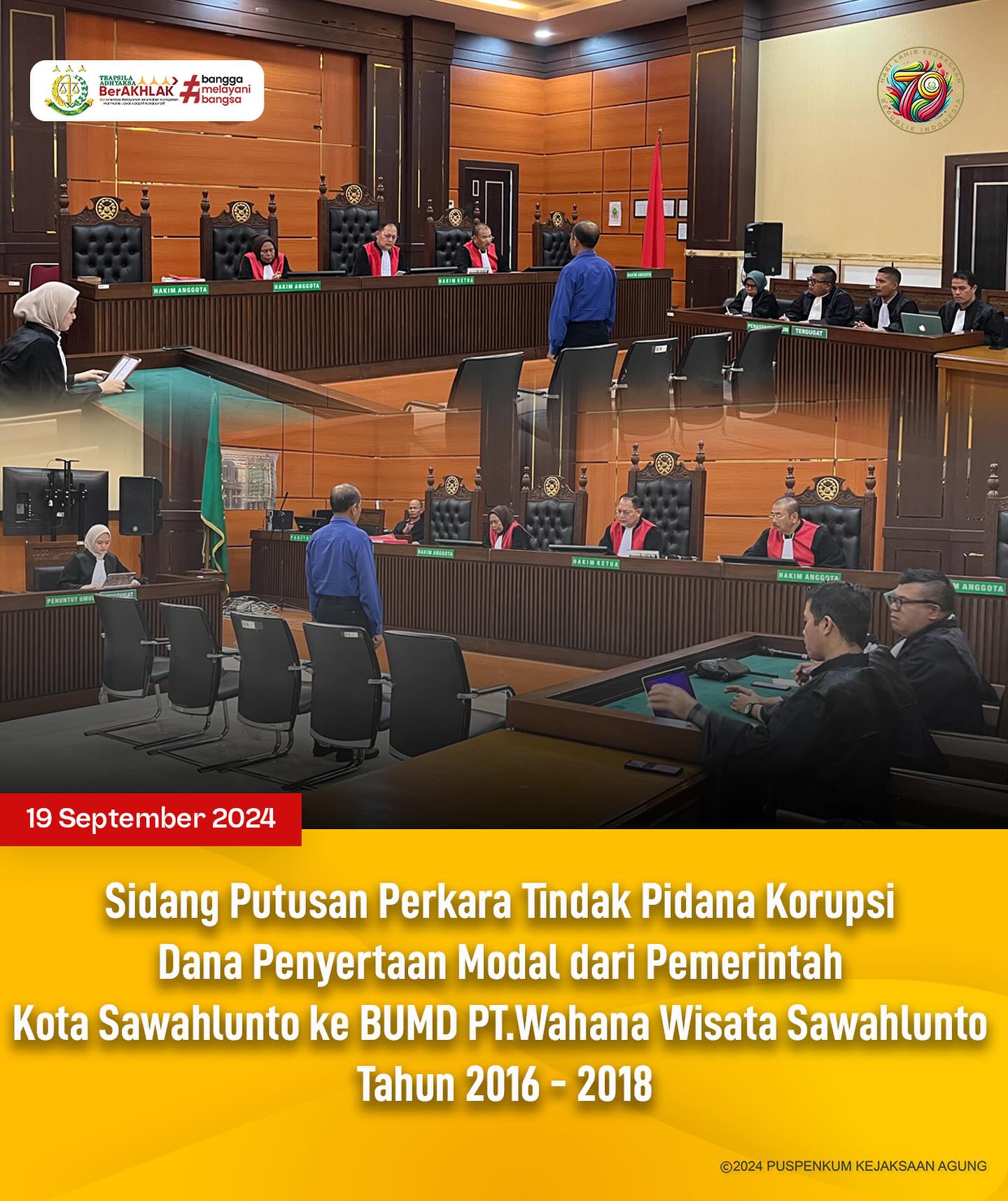Bahwa pada hari Kamis, 19 September 2024, bertempat di Kantor Pengadilan Kelas IA Padang, dilaksanakan Sidang Putusan Perkara Tindak Pidana Korupsi Dana Penyertaan Modal dari Pemerintah Kota Sawahlunto ke BUMD PT.Wahana Wisata Sawahlunto Tahun 2016 - 2018. - from Instagram