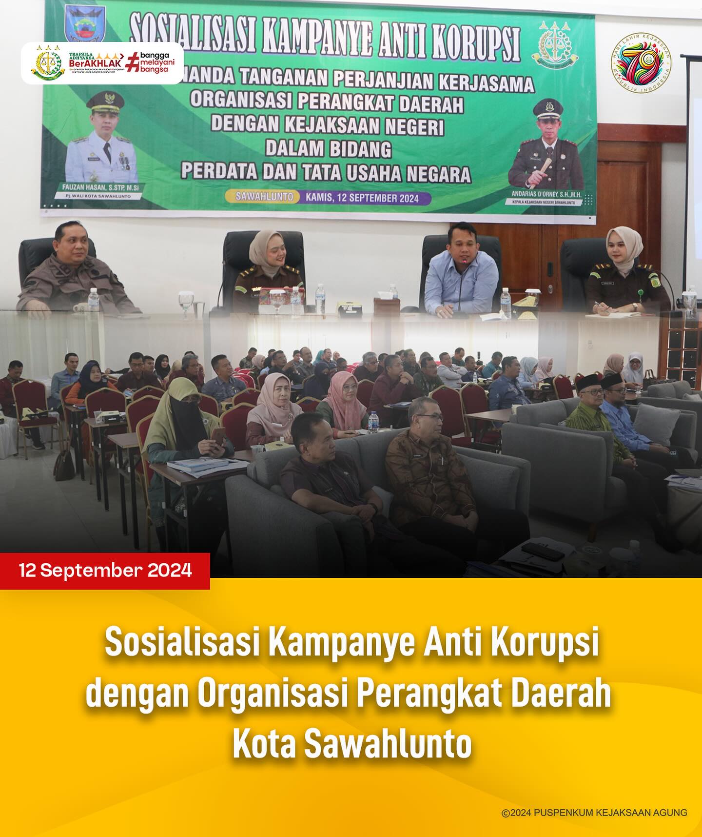 Bahwa pada hari Kamis, 12 September 2024, bertempat di Aula Hotel Khas Ombilin Kota Sawahlunto, Kasi Pemulihan Aset dan Pengelola Barang Bukti, Jovan Kurata Waruwu,S.H.,M.H., Kasi Perdata dan Tata Usaha Negara, Didi Vinaldo Edwar,S.H., serta Jaksa Fungsional, Mentary Meidiana,S.H., melaksanakan kegiatan Sosialisasi Kampanye Anti Korupsi dengan Organisasi dan Perangkat Daerah Kota Sawahlunto. - from Instagram