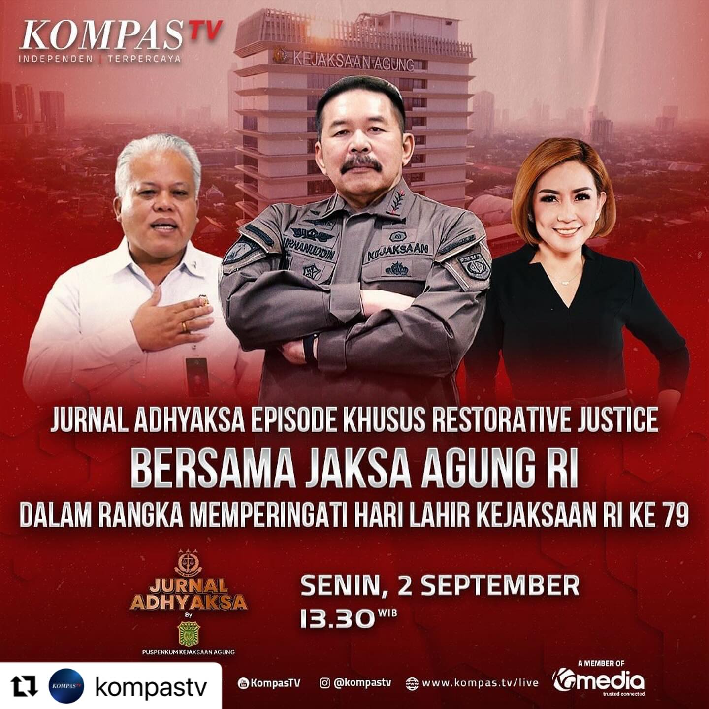 Penerapan sistem Restorative Justice atau Keadilan Restoratif menjadi salah satu harapan baru dalam upaya penyelesaian perkara pidana di tingkat penuntutan. Konsep penyelesaian perkara yang menjadi pola pemikiran hukum modern ini mengedepankan proses dialog dan mediasi, sehingga mewujudkan keadilan hukum yang memanusiakan manusia.Lalu, seperti apa dampak dan hasil yang sudah terlihat sejak disahkannya Peraturan Kejaksaan Nomor 15 Tahun 2020, tentang Penghentian Penuntutan Berdasarkan Keadilan Restoratif? Dan bagaimana menjawab tantangan permasalahan yang muncul selama proses ini berlangsung? Kita akan berbincang langsung dengan sang tokoh Restorative Justice, Jaksa Agung Republik Indonesia Sanitiar Burhanuddin.Saksikan pada program #SapaIndonesia Siang “JURNAL ADHYAKSA EPISODE KHUSUS RESTORATIVE JUSTICE BERSAMA JAKSA AGUNG RI DALAM RANGKA MEMPERINGATI HARI LAHIR KEJAKSAAN RI KE 79” Senin, 2 September 2024, pkl 13.30 WIB, hanya di KompasTV!@kejaksaan.ri #Ad - from Instagram