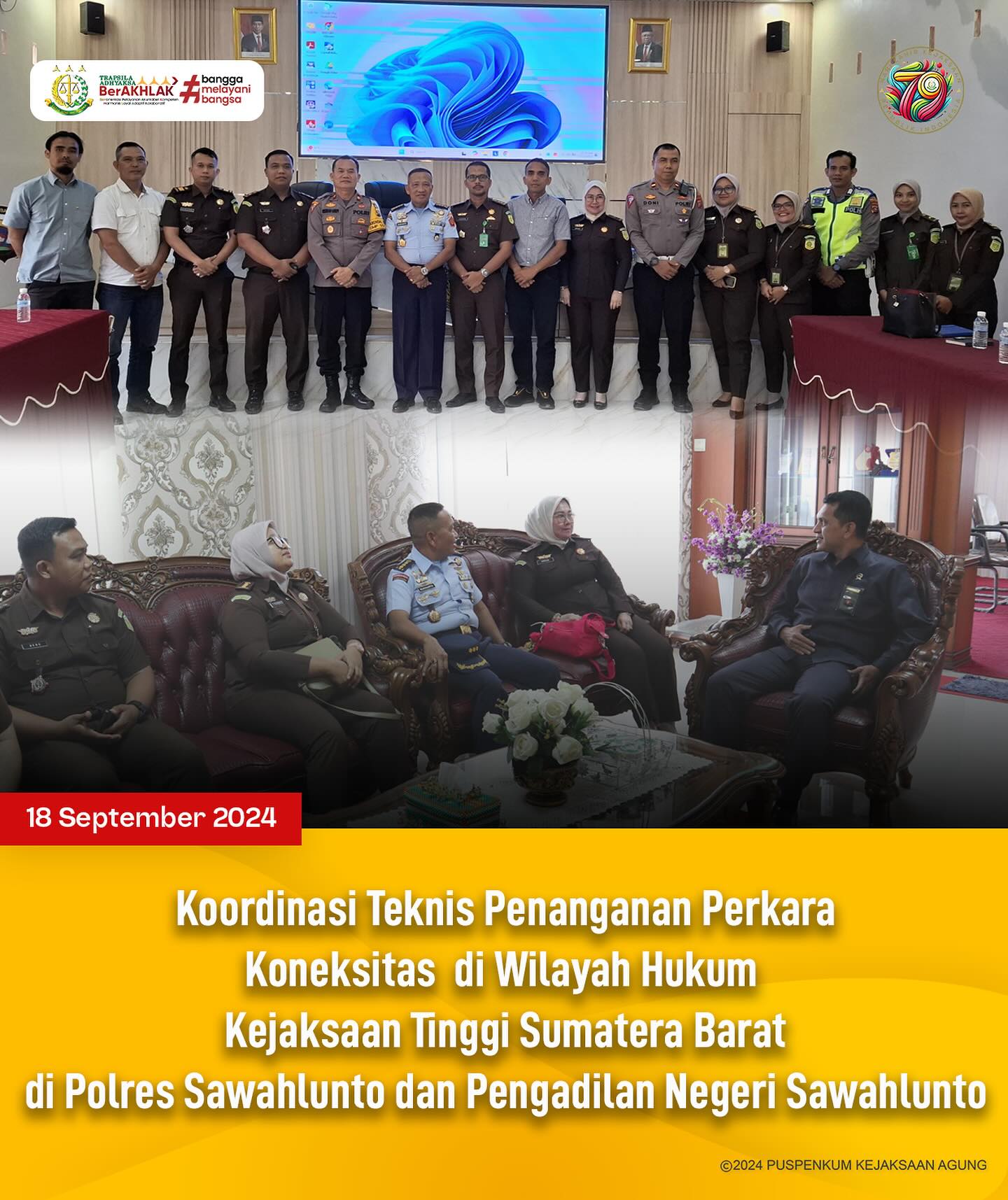 Bahwa pada hari Rabu, 18 September 2024, bertempat di Aula Polres Kota Sawahlunto dan Pengadilan Negeri Sawahlunto, Asisten Pidana Militer Budiharto,S.H.,M.H., melaksanakan kegiatan Koordinasi Teknis Penanganan Perkara Koneksitas di Wilayah Hukum Kejaksaan Tinggi Sumatera Barat di Polres Sawahlunto dan Pengadilan Negeri Sawahlunto - from Instagram