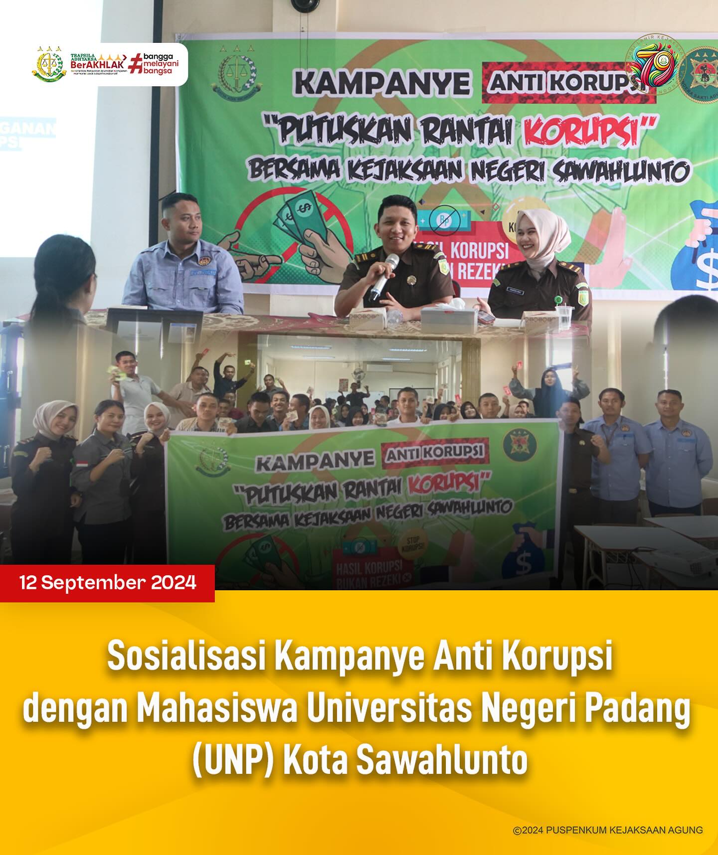 Bahwa pada hari Kamis, 12 September 2024, bertempat di Kampus Program Study diluar Kampus Utama (PSDKU) Universitas Negeri Padang (UNP) Kota Sawahlunto, Kasubsi A Kejaksaan Negeri Sawahlunto, Arief Hidayat.S.H., melaksanakan kegiatan Kampanye Anti Korupsi terhadap Mahasiswa UNP Kota Sawahlunto. - from Instagram