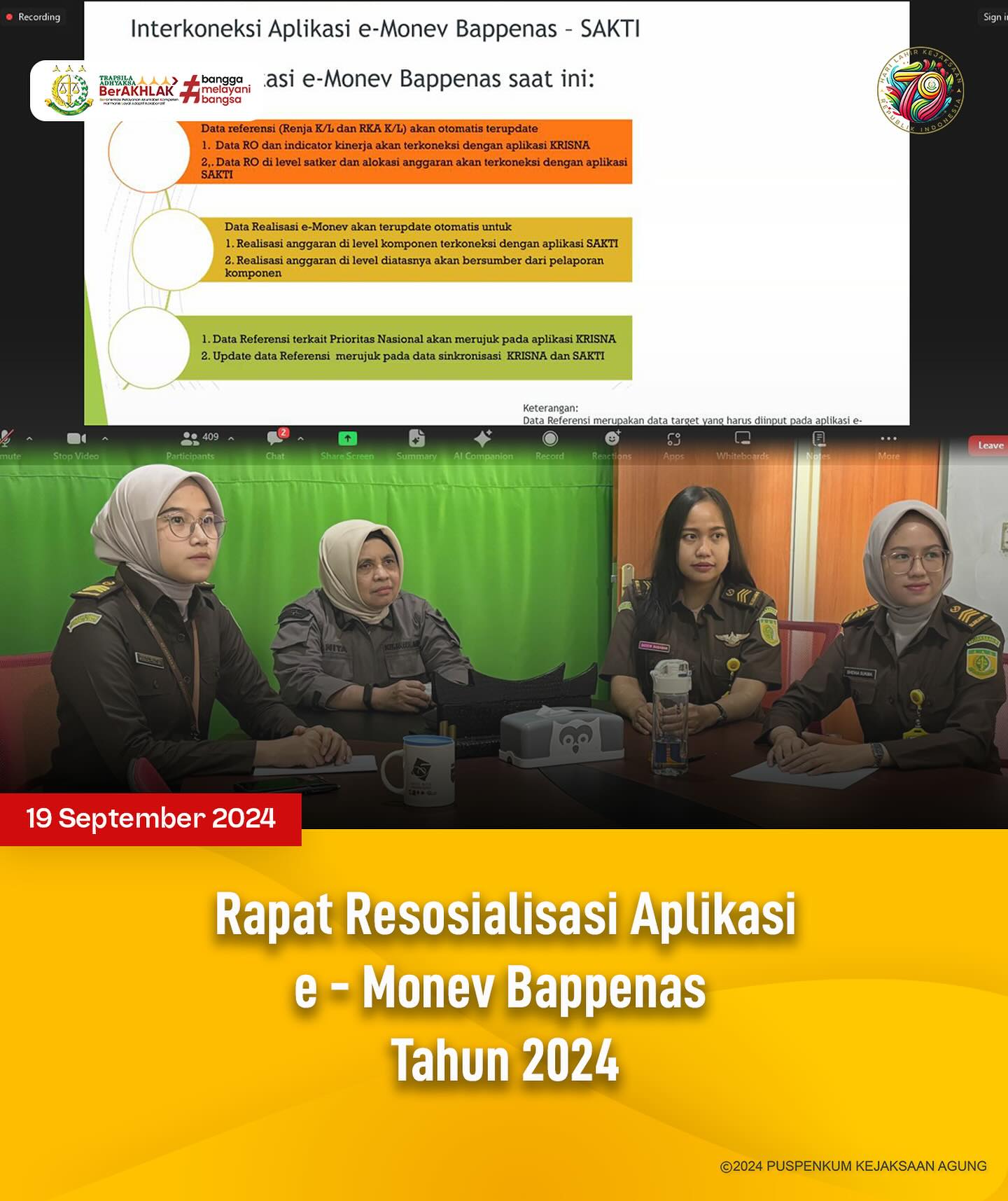 Bahwa pada hari Kamis, 19 September 2024, bertempat di ruang Video Conference Kejaksaan Negeri Sawahlunto Kepala Subbagian Pembinaan, Elnita,S.H., beserta Tim Pembinaan Kejaksaan Negeri Sawahlunto mengikuti rapat Resosialisasi Aplikasi e - Monev Bappenas Tahun 2024. - from Instagram