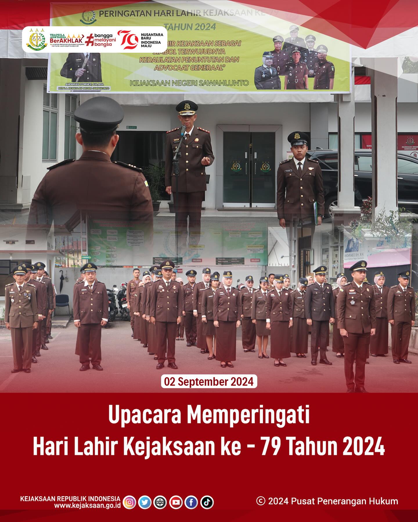 Bahwa pada hari Senin, 02 September 2024, bertempat di halaman Kantor Kejaksaan Negeri Sawahlunto, Kepala Kejaksaan Negeri Sawahlunto menjadi Inspektur Upacara Memperingati Hari Lahir Kejaksaan ke - 79 dengan tema “Hari lahir kejaksaan sebagai simbol terwujudnya kedaulatan penuntutan dan advocaat generaal” - from Instagram