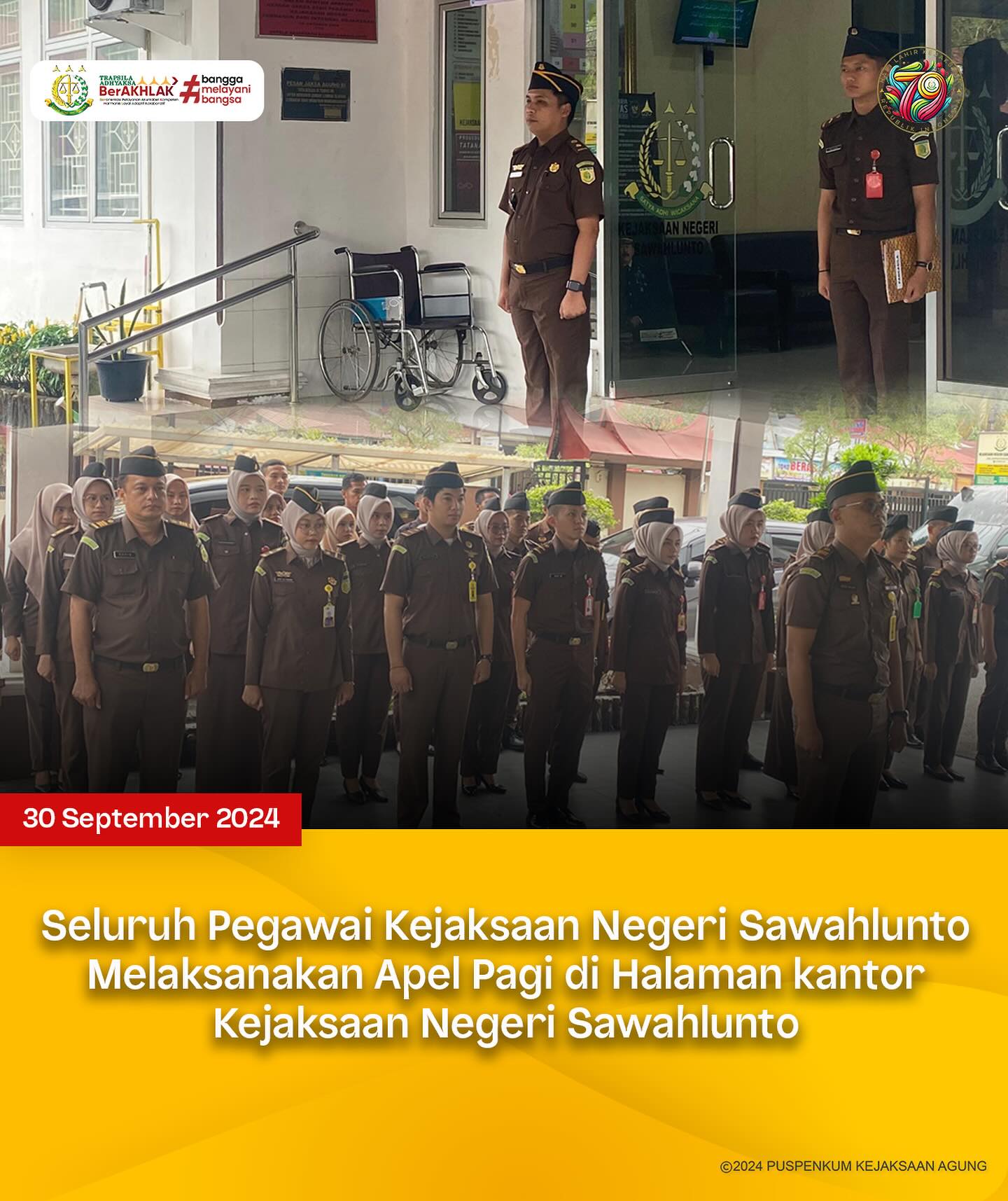 Bahwa pada hari Senin, 30 September 2024, bertempat di Kantor Kejaksaan Negeri Sawahlunto, Seluruh Pegawai Kejaksaan Negeri Sawahlunto Melaksanakan Apel Pagi. - from Instagram