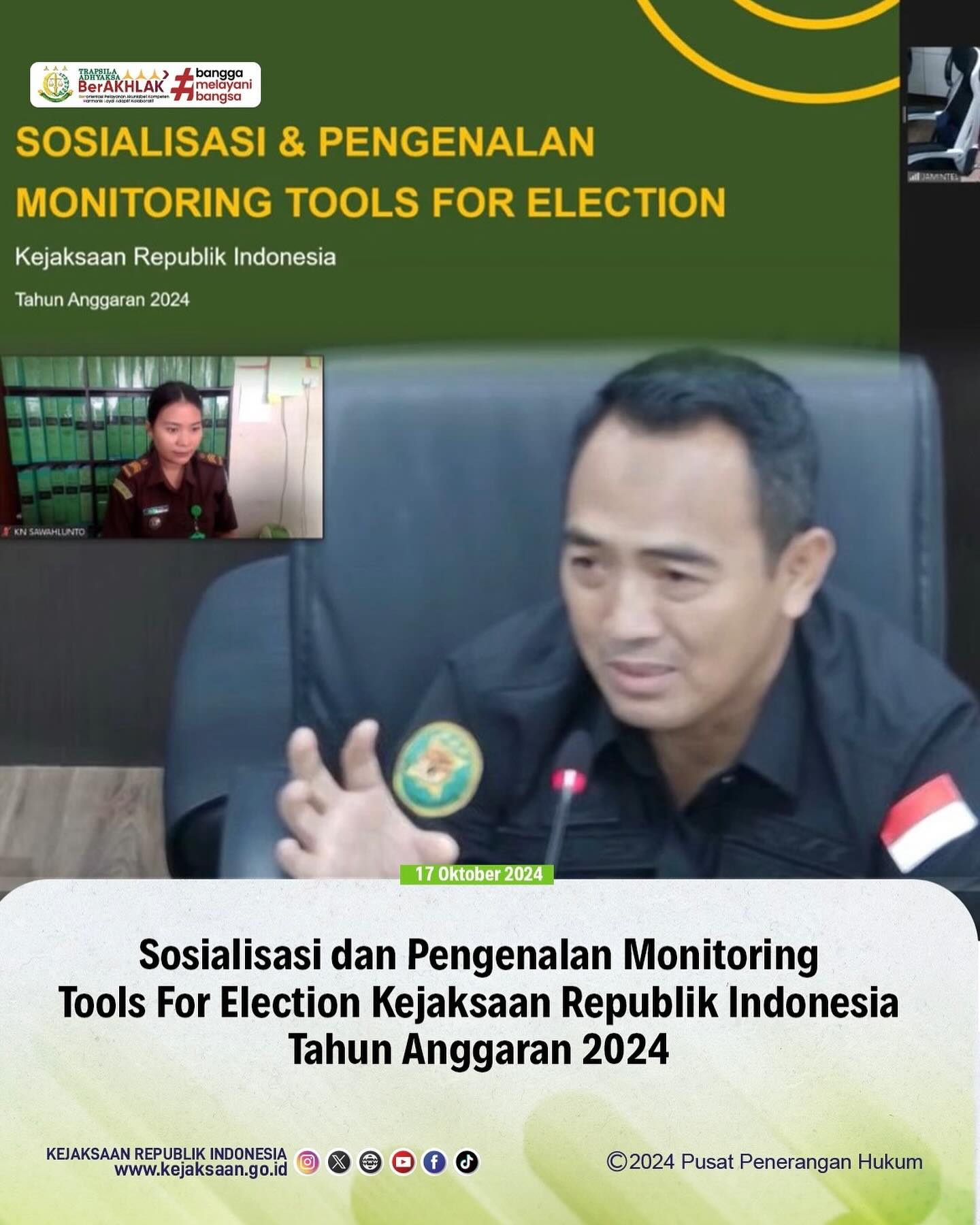Bahwa pada hari Kamis, 17 Oktober 2024, bertempat di Ruang Intelijen Kejaksaan Negeri Sawahlunto, Staff Intel Kejaksaan Negeri Sawahlunto mengikuti kegiatan Sosialisasi dan Pengenalan Monitoring Tools For Election Kejaksaan republik Indonesia Tahun Anggaran 2024 Secara Daring. - from Instagram