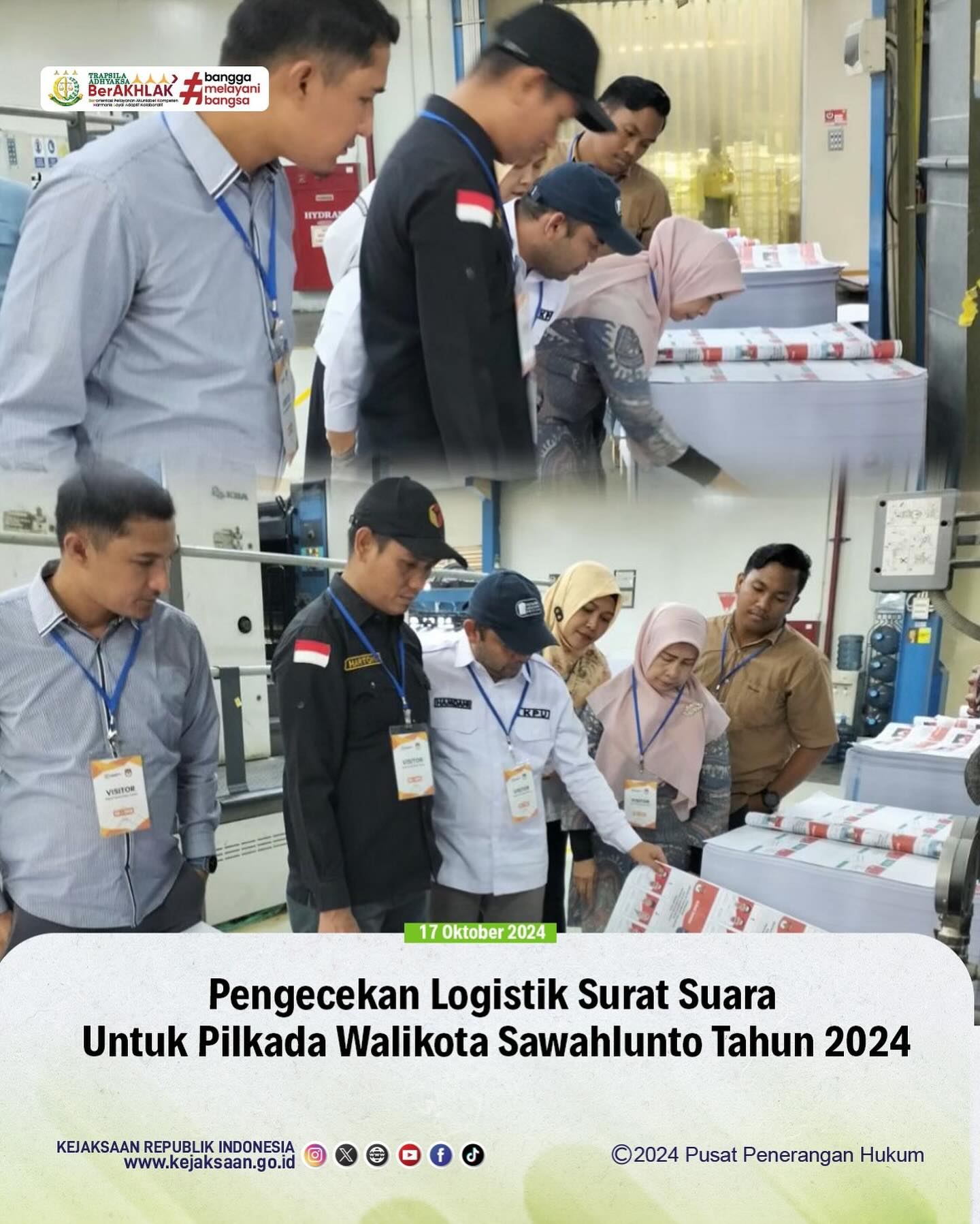 Bahwa pada hari Kamis tanggal 17 Oktober 2024 bertempat di PT. Percetakan Gramedia, Kawasan Industri Delta Silicon Jl. Angsana Raya No.1 Blok A2, Sukaresmi, Lippo Cikarang, Kabupaten Bekasi, Jawa Barat, Kasi Intelijen Kejaksaan Negeri Sawahlunto, Rendra Taqwa Agusto,S.H telah melaksanakan kegiatan Pengecekan Logistik Surat Suara Untuk Pilkada Walikota Sawahlunto yang akan dilaksanakan pada tanggal 27 November 2024. - from Instagram