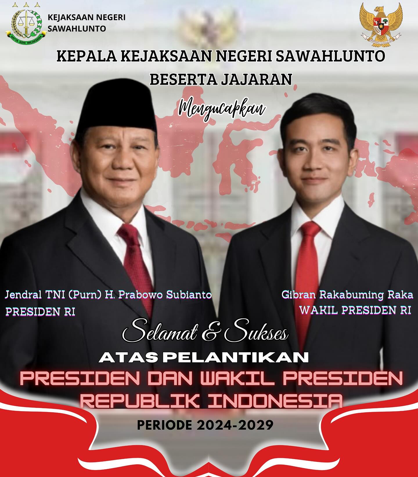 Kepala Kejaksaan Negeri Sawahlunto beserta Jajaran Mengucapkan, Selamat dan Sukses atas Pelantikan Presiden Republik Indonesia Jendral TNI (Purn) H. Prabowo Subianto dan Wakil Presiden Republik Indonesia Gibran Rakabuming Raka Periode 2024-2029. - from Instagram