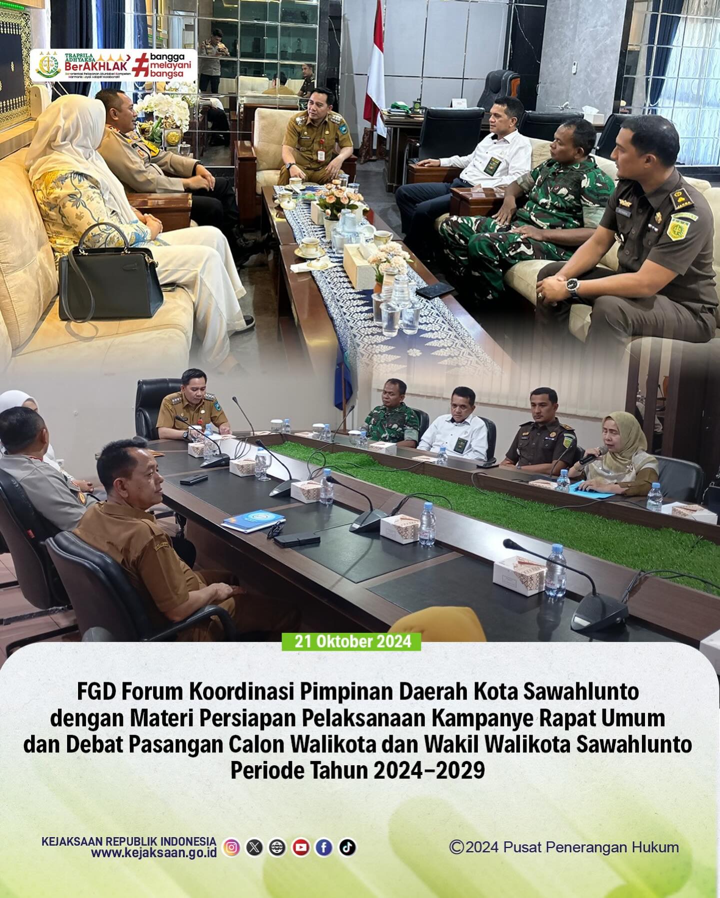 Bahwa pada hari Senin, Tanggal 21 Oktober 2024 bertempat di Ruang Rapat M.Yamin Balaikota Sawahlunto, Kasi Intelijen Kejaksaan Negeri Sawahlunto Rendra Taqwa Agusto,S.H mengikuti Kegiatan FGD Forum Koordinasi Pimpinan Daerah Kota Sawahlunto dengan Materi Persiapan Pelaksanaan Kampanye Rapat Umum dan Debat Pasangan Calon Walikota dan Wakil Walikota Sawahlunto Periode Tahun 2024-2029. - from Instagram