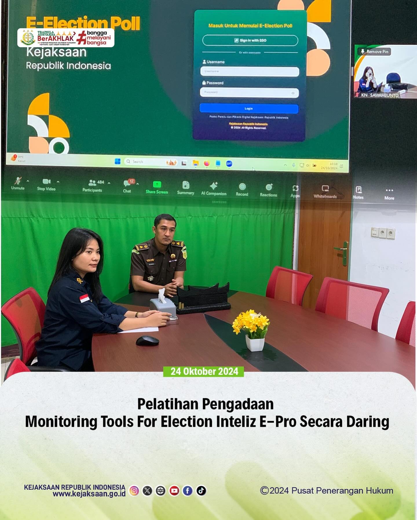 Bahwa Pada Hari Kamis, 24 Oktober 2024, Kasi Intelijen Kejaksaan Negeri Sawahlunto, Rendra Taqwa Agusto,S.H dan Staff Intelijen mengikuti Pelatihan Pengadaan Monitoring Tools For Election Inteliz E-Pro Secara Daring - from Instagram
