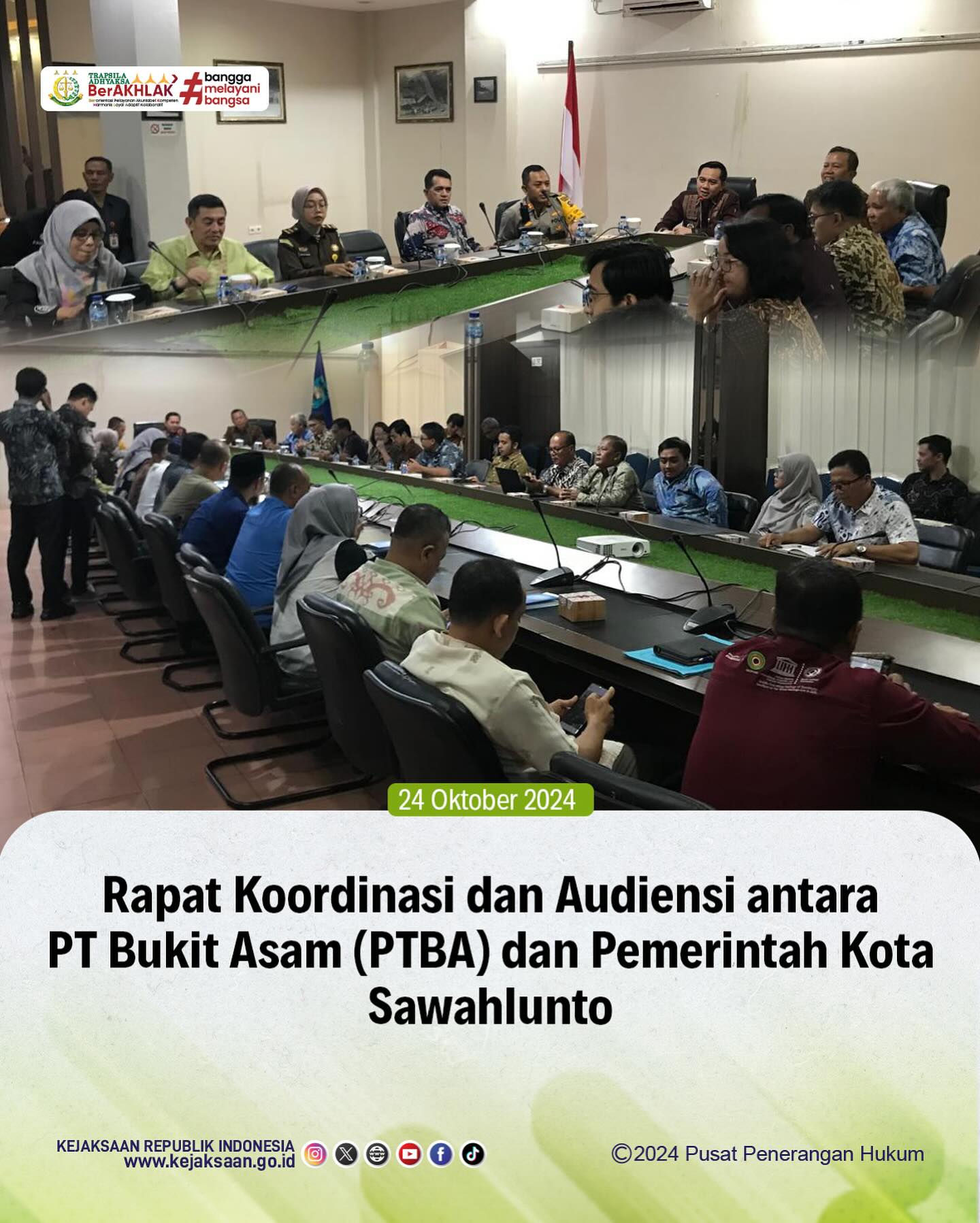 Bahwa Pada Hari Kamis, 24 Oktober 2024, bertempat di Ruang Rapat M.Yamin Balaikota Sawahlunto, Kasubsi II Bidang Intelijen Kejaksaan Negeri Sawahlunto Laras Iga Mawarni,S.H. mengikuti kegiatan Rapat Koordinasi dan Audiensi antara PT Bukit Asam (PTBA) dan Pemerintah Kota Sawahlunto terkait Project World Bank mengenai program transisi keadilan mengenai pemanfaatan lahan pasca tambang di Kota Sawahlunto. - from Instagram