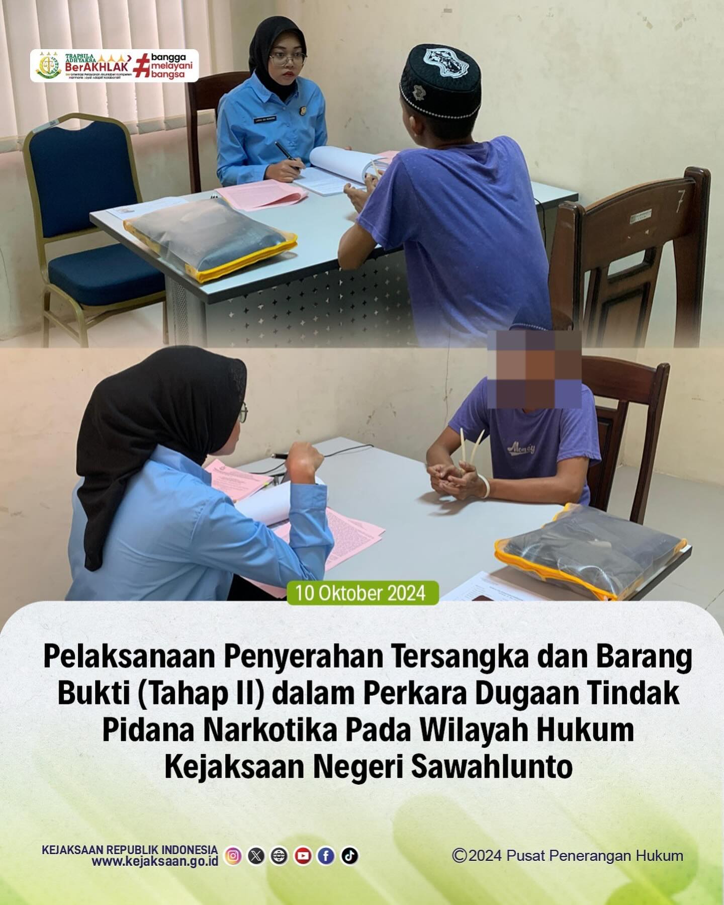 Bahwa pada hari Kamis, 10 Oktober 2024, bertempat di Ruang Tahap II Kejaksaan Negeri Sawahlunto telah dilaksanakan Pelaksanaan Penyerahan Tersangka dan Barang Bukti (Tahap II) dalam Perkara Dugaan Tindak Pidana Narkotika dari Penyidik Polres Sawahlunto. - from Instagram