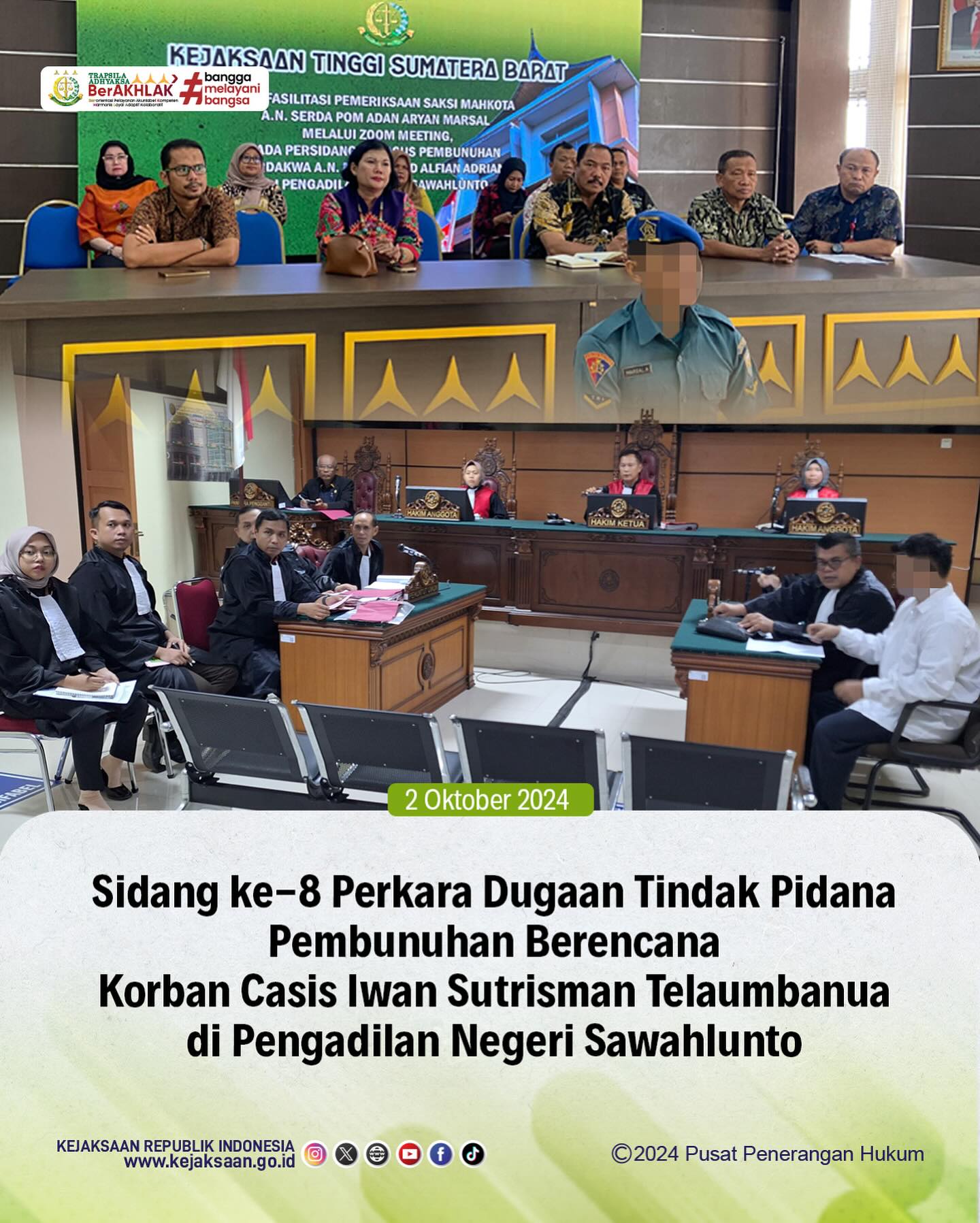 Bahwa pada hari Rabu, 02 Oktober 2024, bertempat di Pengadilan Negeri Sawahlunto, telah  dilaksanakan sidang kedelapan dengan agenda pemeriksaan saksi oleh Jaksa Penuntut Umum terhadap Perkara Dugaan Tindak Pidana Pembunuhan Berencana Korban Casis Iwan Sutrisman Telaumbanua. - from Instagram