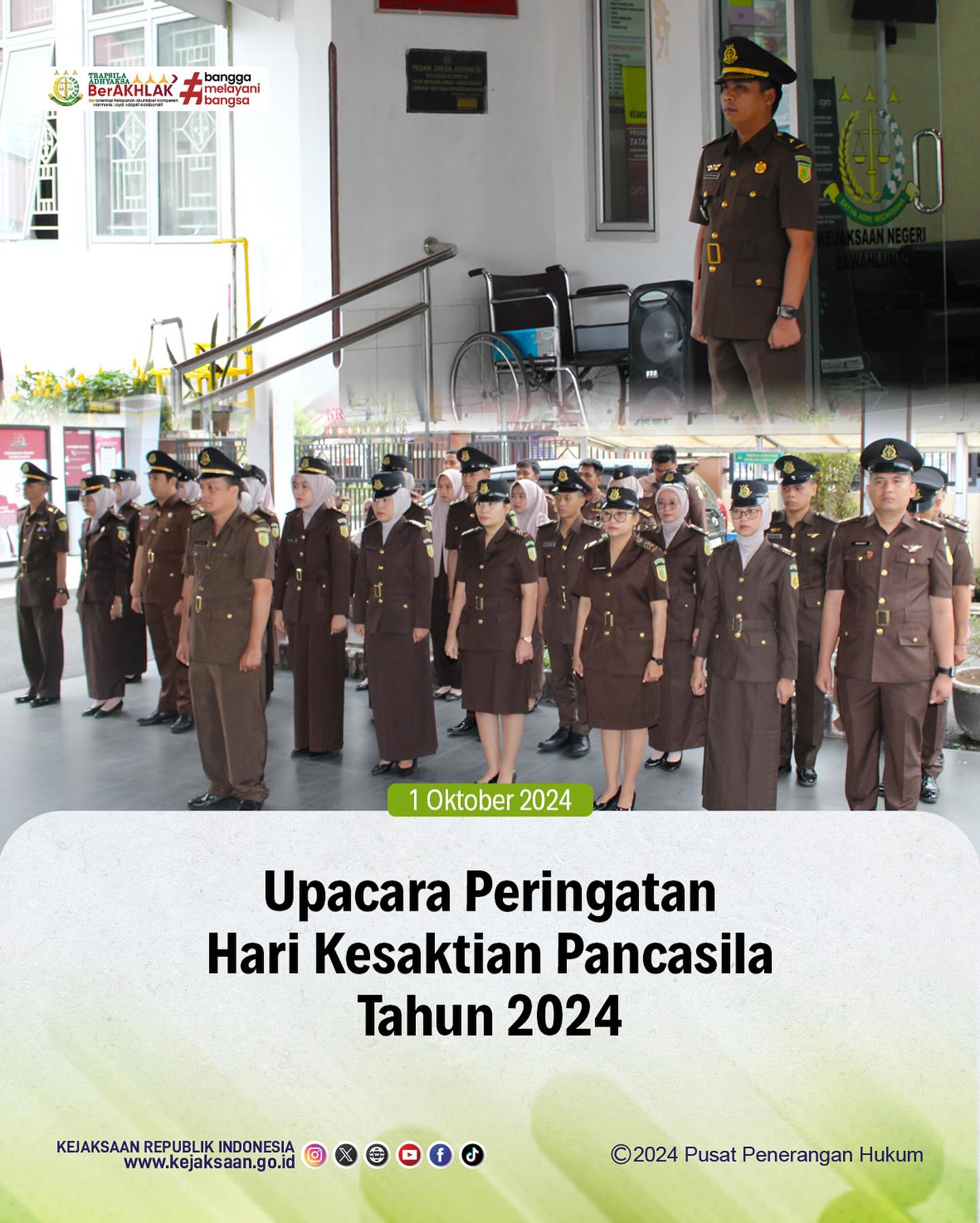 Bahwa pada hari Selasa, 01 Oktober 2024, bertempat di Halaman Kantor Kejaksaan Negeri Sawahlunto, Seluruh Pegawai Kejaksaan Negeri Sawahlunto Melaksanakan Upacara Memperingati Hari Kesaktian Pancasila Tahun 2024. - from Instagram