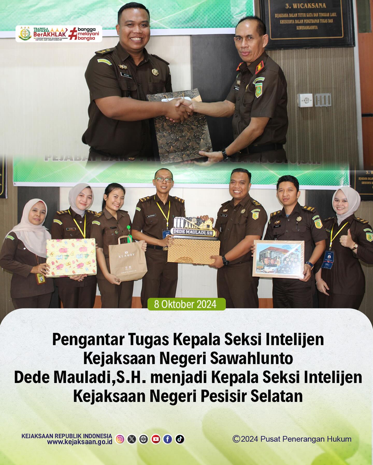 Bahwa pada hari Selasa, 8 Oktober 2024, bertempat di Kantor Kejaksaan Negeri Sawahlunto, telah dilaksanakan Kegiatan Pengantar Tugas Kepala Seksi Intelijen Kejaksaan Negeri Sawahlunto Dede Mauladi,S.H. menjadi Kepala Seksi Intelijen Kejaksaan Negeri Pesisir Selatan. - from Instagram