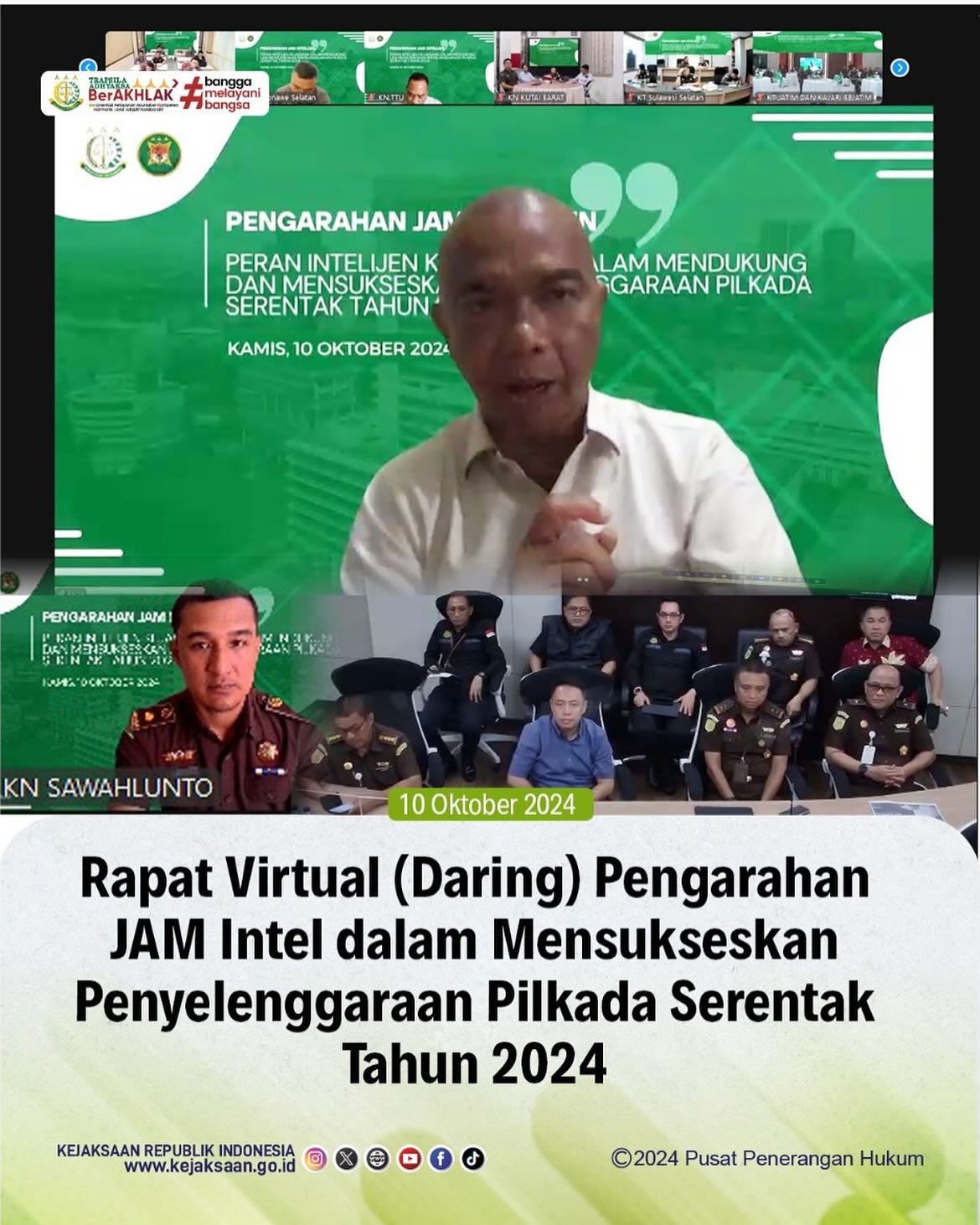 Bahwa pada hari Kamis, 10 Oktober 2024, bertempat di Kantor Kejaksaan Negeri Sawahlunto, Kepala Seksi Intelijen Kejaksaan Negeri Sawahlunto Rendra Taqwa Agusto,S.H mengikuti kegiatan Rapat Virtual (Daring) Pengarahan JAM Intel dalam Mensukseskan Penyelenggaraan Pilkada Serentak Tahun 2024. - from Instagram