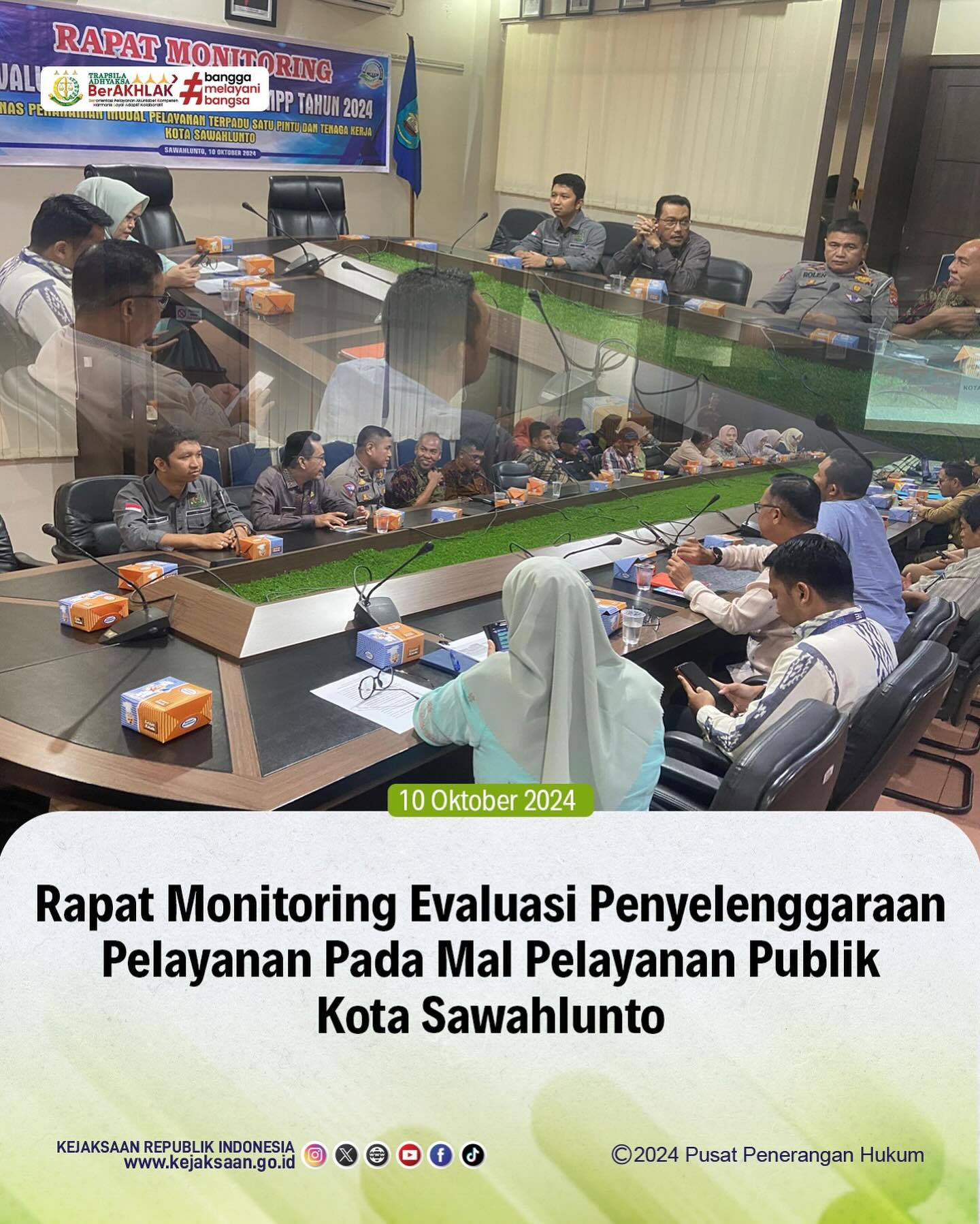 Bahwa pada hari Kamis, 10 Oktober 2024, bertempat di Ruang Rapat M.Yamin Balai Kota Sawahlunto, Kasubsi I Bidang Intelijen Kejaksaan Negeri Sawahlunto Arief Hidayat,S.H mengikuti Rapat Monitoring Evaluasi Penyelenggaraan Pelayanan Pada Mal Pelayanan Publik Kota Sawahlunto. - from Instagram
