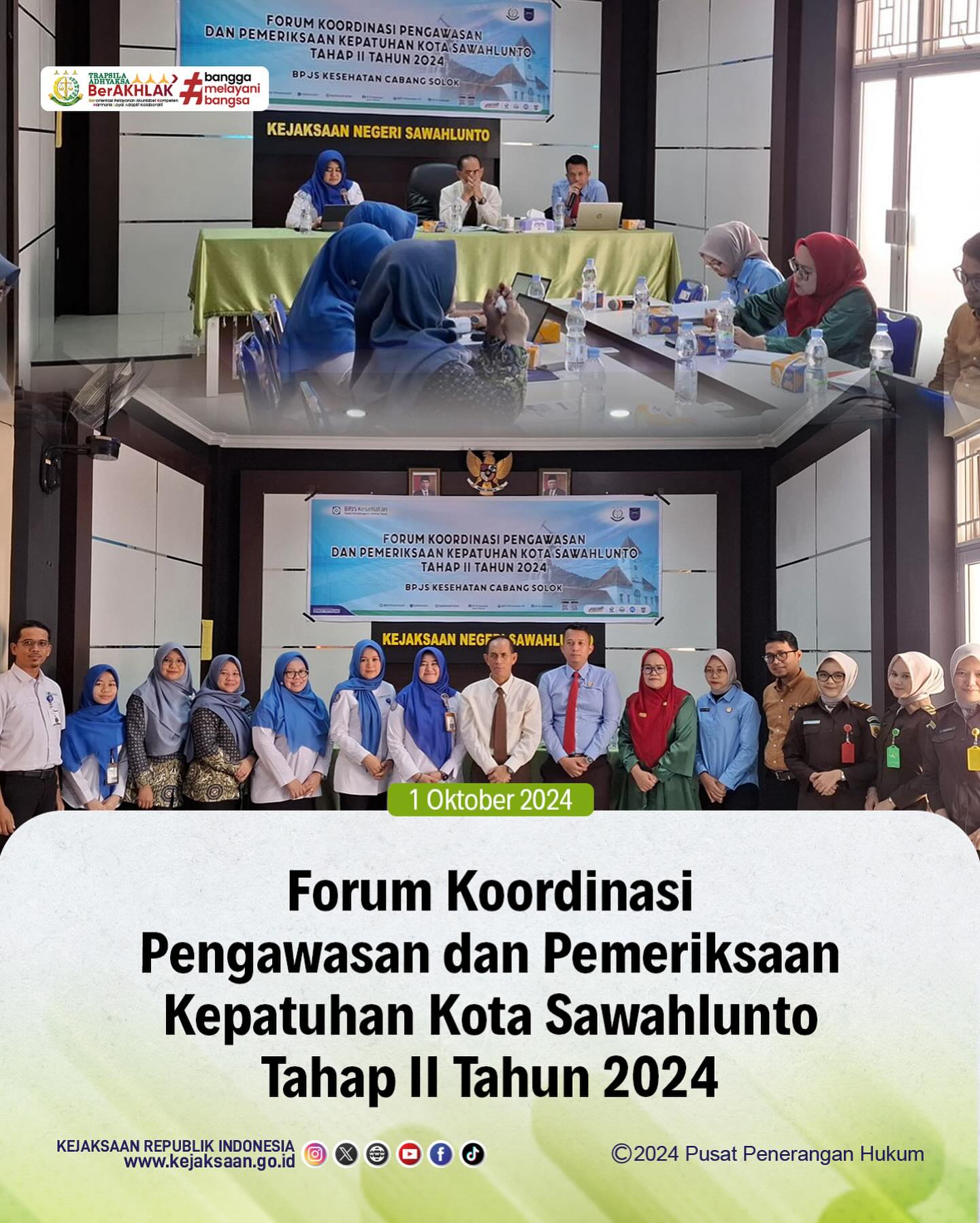 Bahwa pada hari Selasa, 01 Oktober 2024, bertempat di Aula Kantor Kejaksaan Negeri Sawahlunto, Kepala Kejaksaan Negeri Sawahlunto, Andarias D’Orney,S.H.,M.H., Kepala Seksi Perdata dan Tata Usaha Negara, Didi Vinaldo Edwar,S.H., Jaksa Pengacara Negara, Laras Iga Mawarni,S.H., dan Staf Perdata dan Tata Usaha Negara, beserta BPJS Kesehatan Cabang Solok melaksanakan kegiatan Forum Koordinasi Pengawasan dan Pemeriksaan Kepatuhan Kota Sawahlunto Tahap II Tahun 2024. - from Instagram